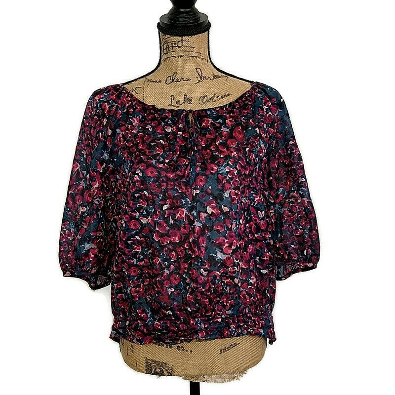 Esme & Esyllte Womens sz 12 Top Pink Floral Balloon Sleeve Scoop Neck Tie