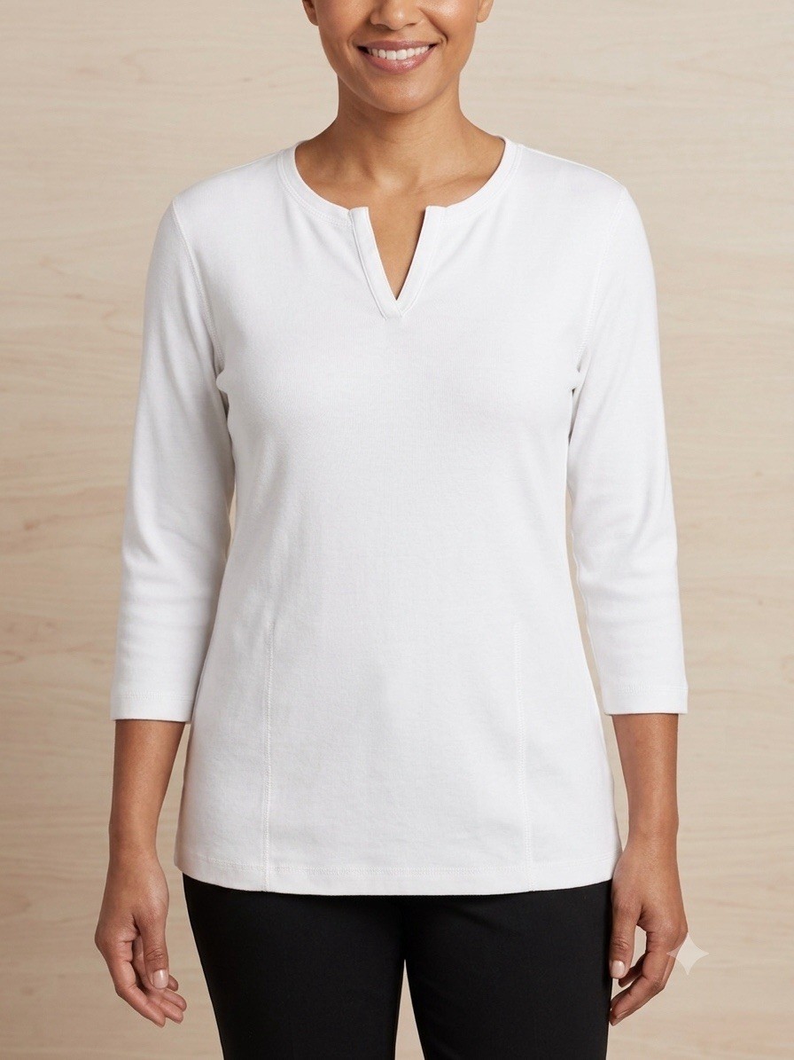 Jones New York Sport Top Womens Medium White Split Notch Neck 3/4 Sleeve Cotton