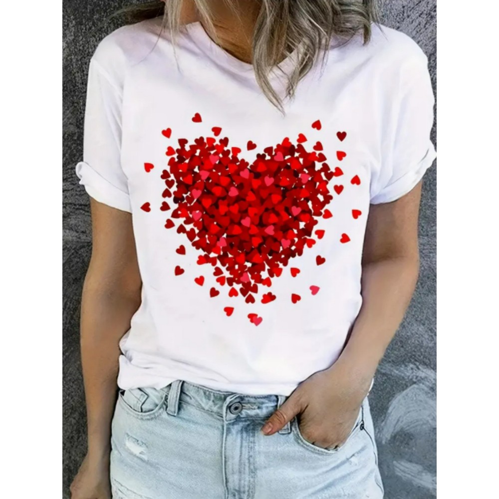 Valentine’s Day Red Heart Cluster Graphic T-Shirt White Black Romance Casual Top