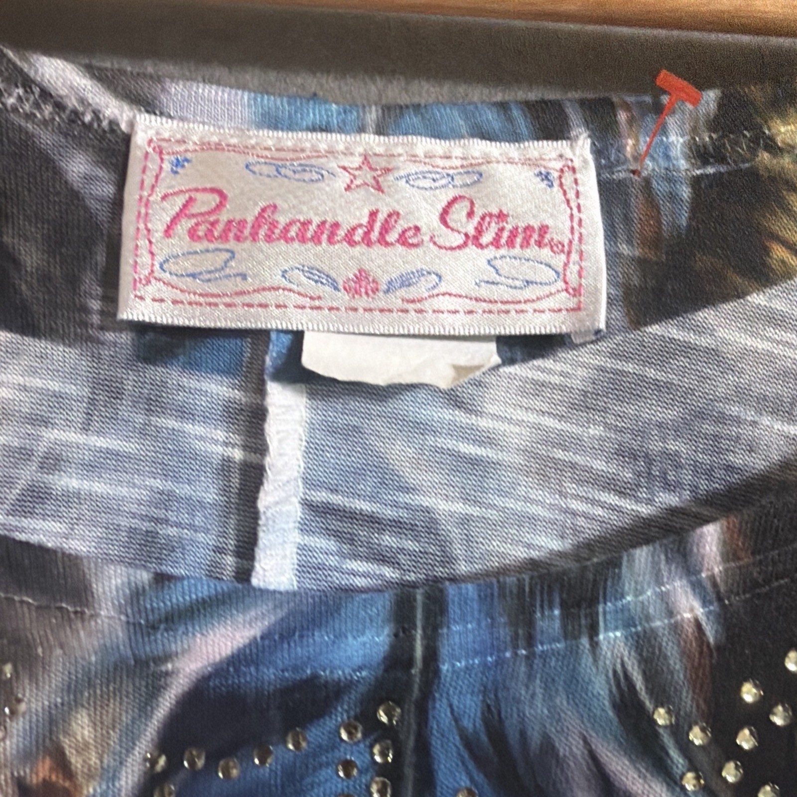 VTG Panhandle Slim Wm’s SZ L Western rhinestone FeatheredPrint Ruched Shirt USA