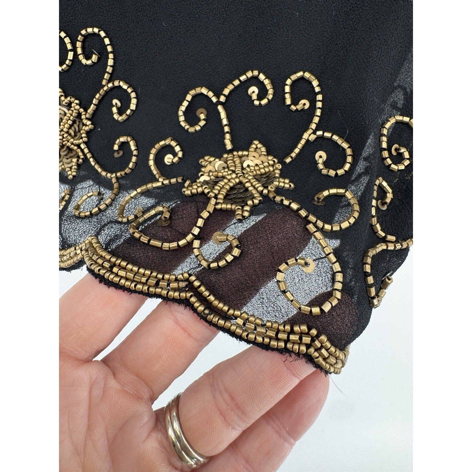 Jacques Vert Beaded Top Sheer Black Gold Beads Size 12 Vintage NWT Flaw