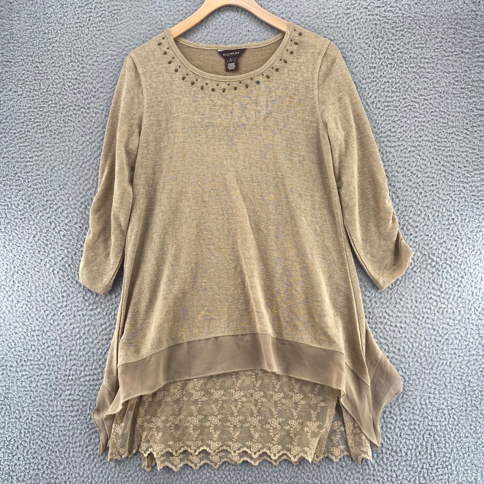 Multiples Top Women Small Beige Linen Blend Knit Studded Tunic Layered Lace Tank