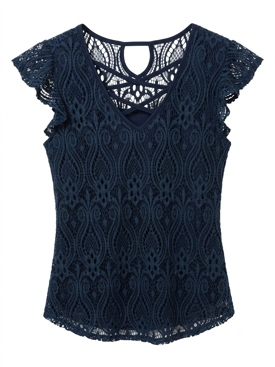 Unbranded Navy Blue Lace Blouse Women’s Size S Fluter Sleeve Keyhole Back Top