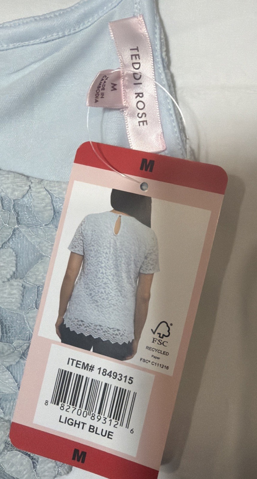 Teddi Rose Light Blue Lace Overlay Blouse Size Medium Button Keyhole Closure NWT