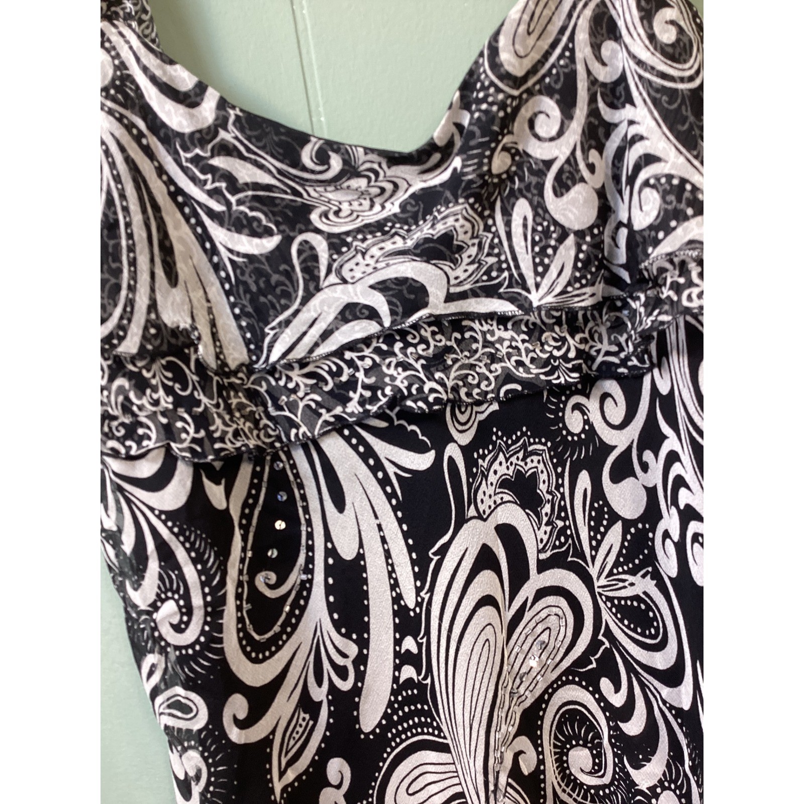 New York City Design Co. Black White Paisley Silk Beaded Camisole Top L Sexy