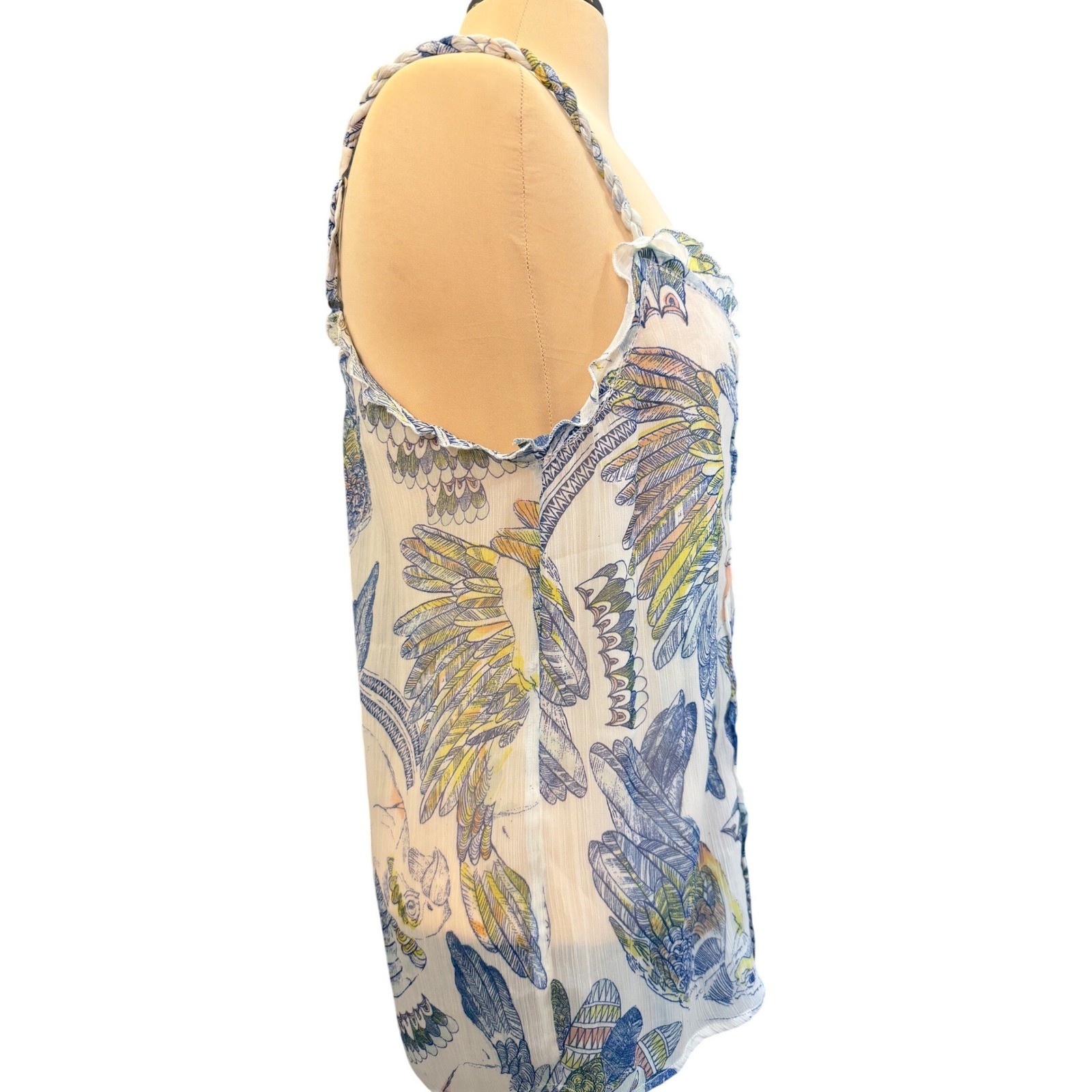 Quiksilver Camisole Women Small White Blue Yellow Bird Print Pintuck Boho Beach