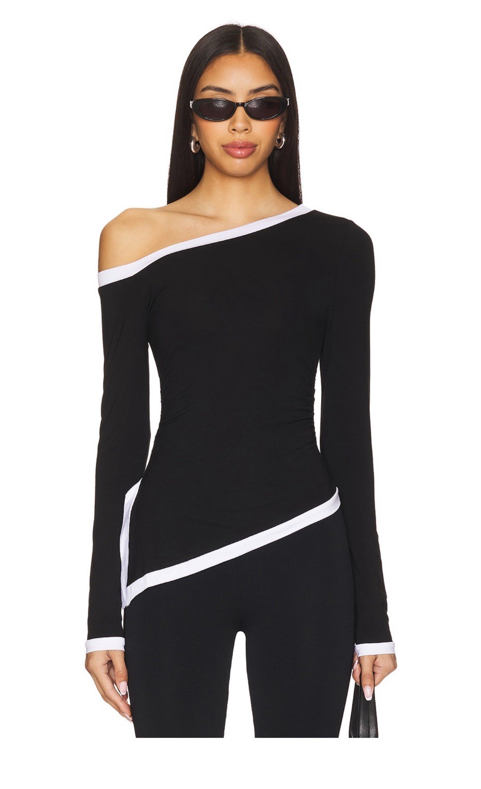 Superdown Revolve Jordyn Black White Asymmetric Off Shoulder Long Sleeve Top NWT