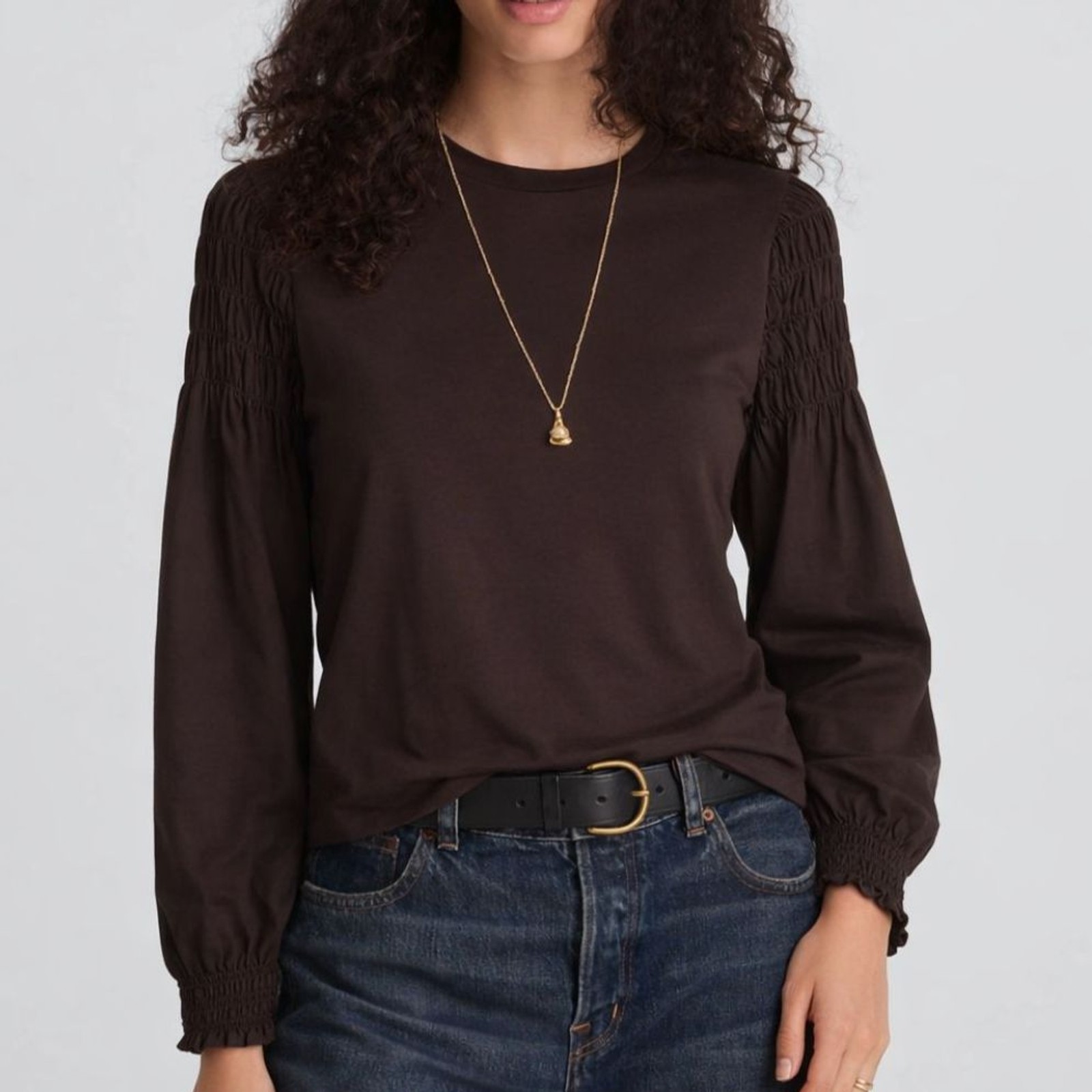 Madewell Black Walnut Smocked Voile Long-Sleeve Cotton Jersey Tee Shirt XS