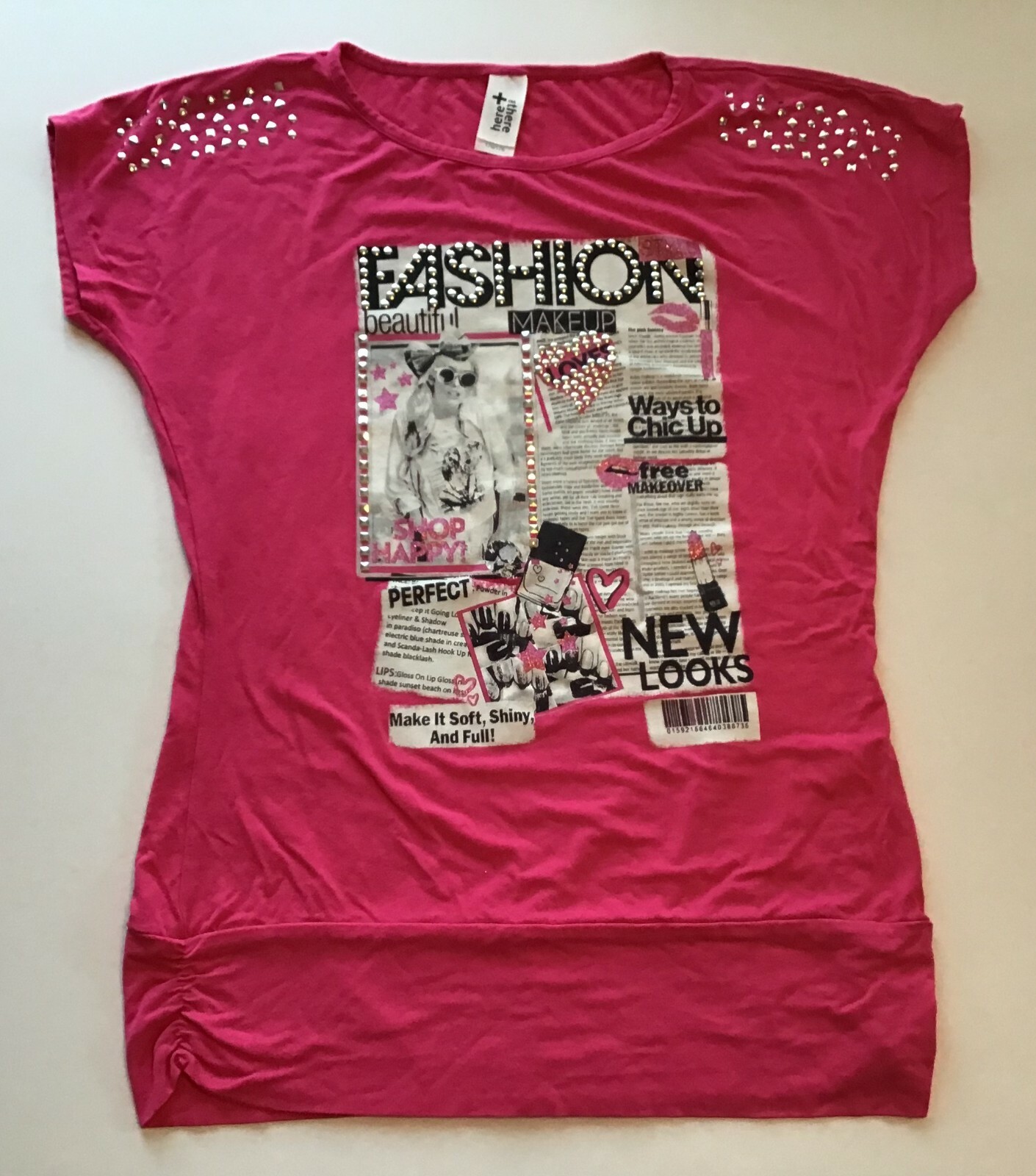 Fashion Studded Women’s T-Shirt 2” Gathered Hem, Pink, Size XL