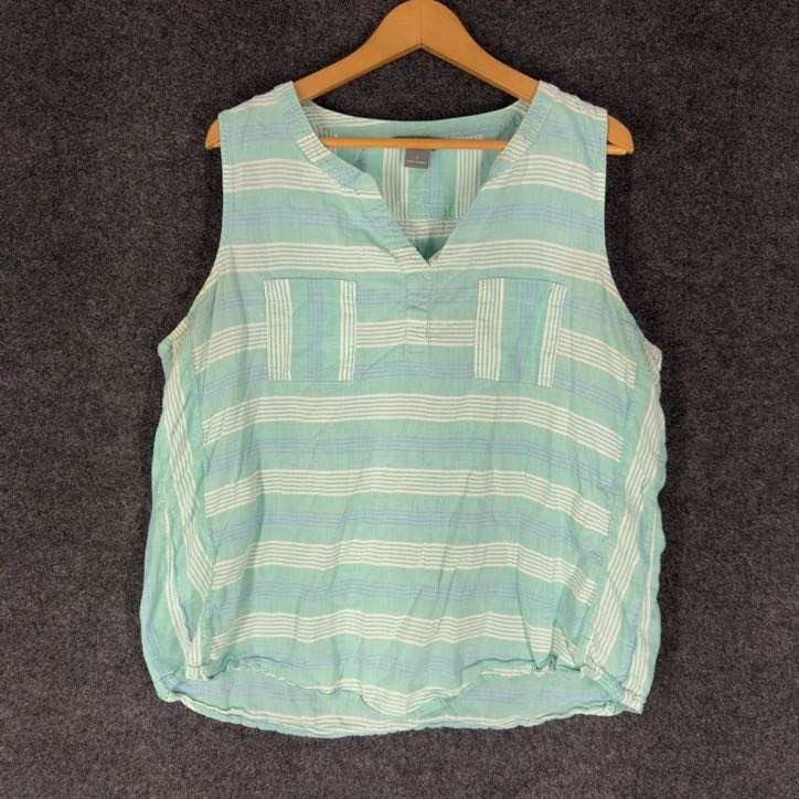 Natural Reflections Blouse Women 1X Plus Blue Striped V-Neck Pockets Cotton