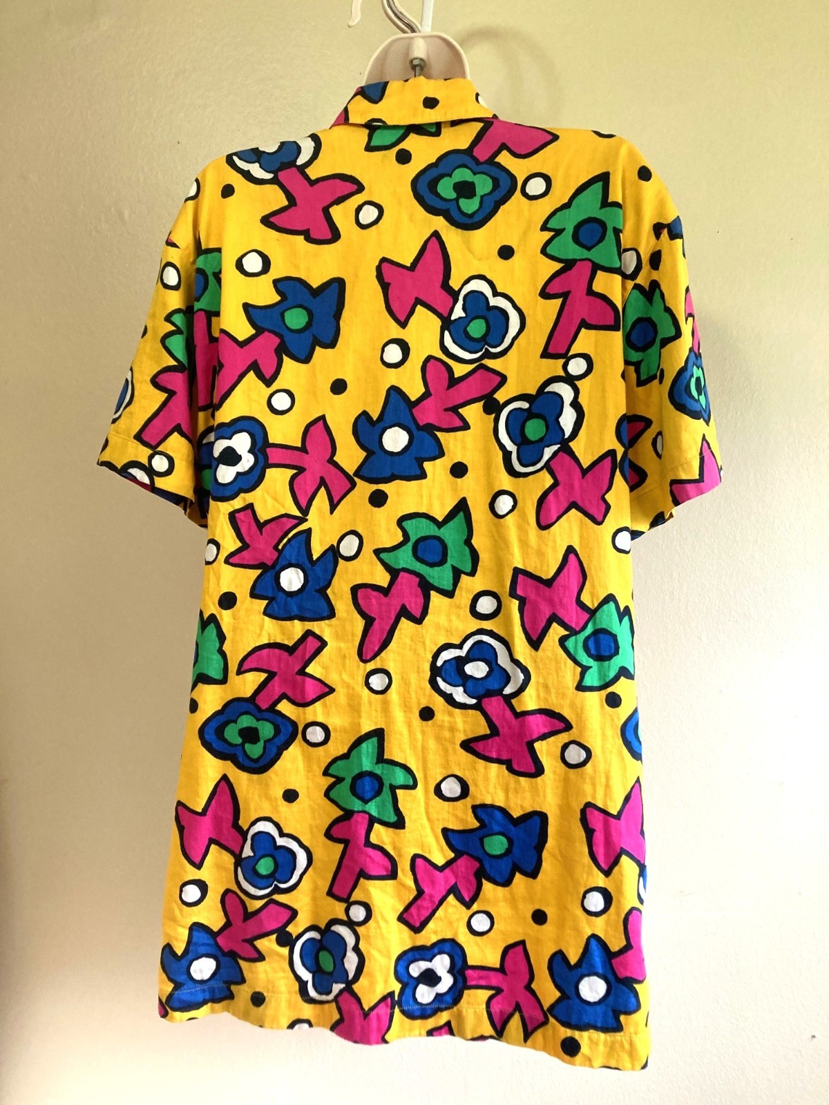 Escada Vintage 80s Shirt 38 M Yellow SS Cotton Button Up Haring Inspired Art Hoe