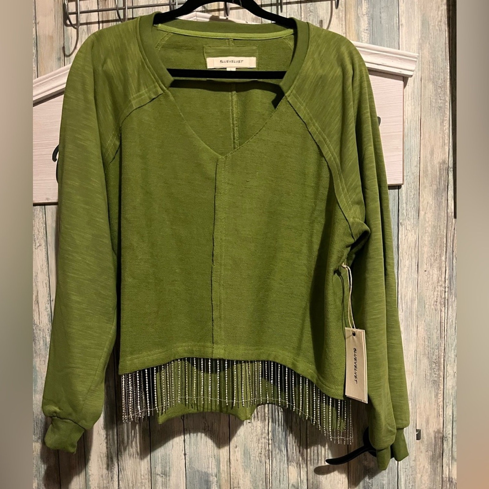 BlueVelvet L Green Knit Top with Fringe Detail