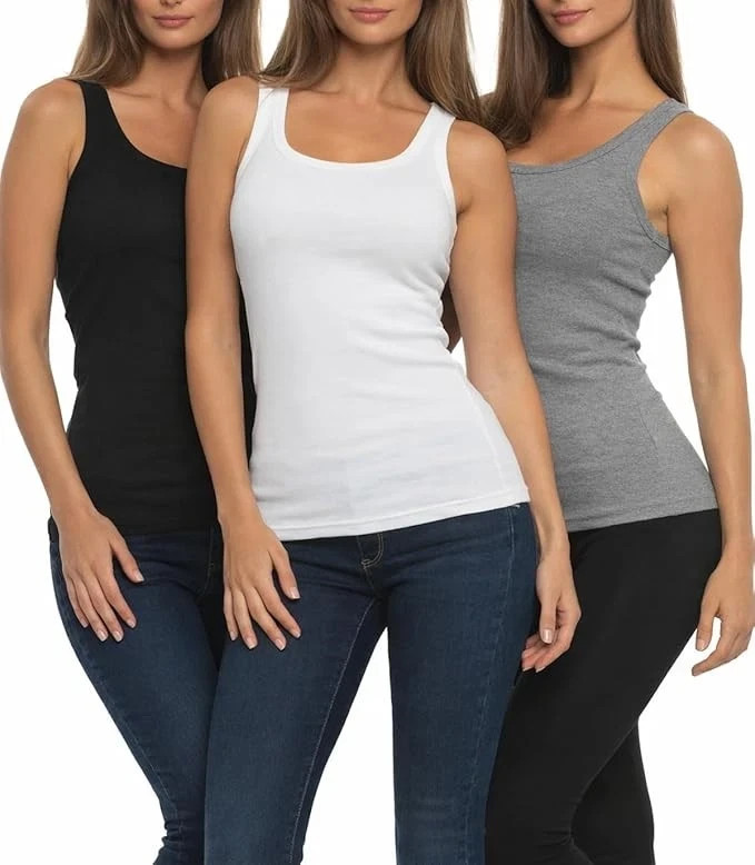 Felina Women’s Ribbed Tank, 3 pack, White/Grey/Black, Size: Medium