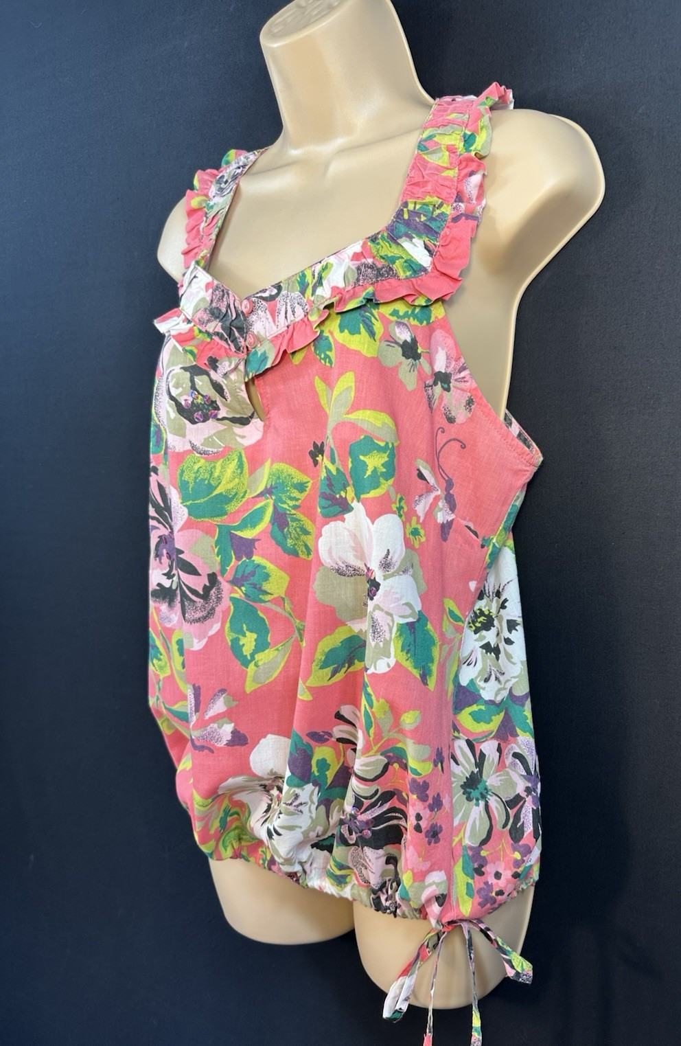 NEXT Bold Floral Top 100% Cotton Pleated Neckline Button Tie Hem Sequin Size 12