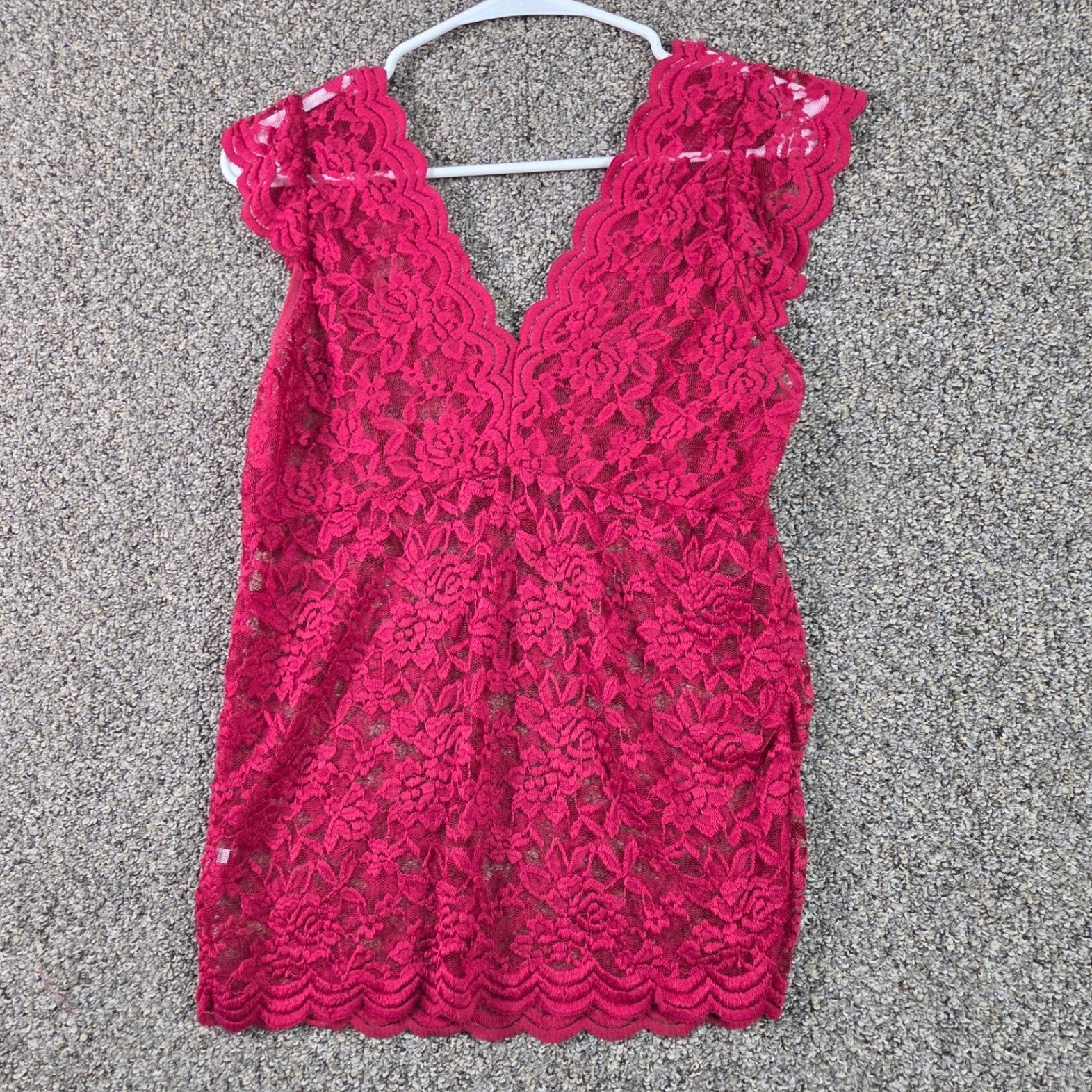 Unbranded Lace V-Neck Top Women Medium Fuchsia Pink Cap Sleeve Scalloped Hem