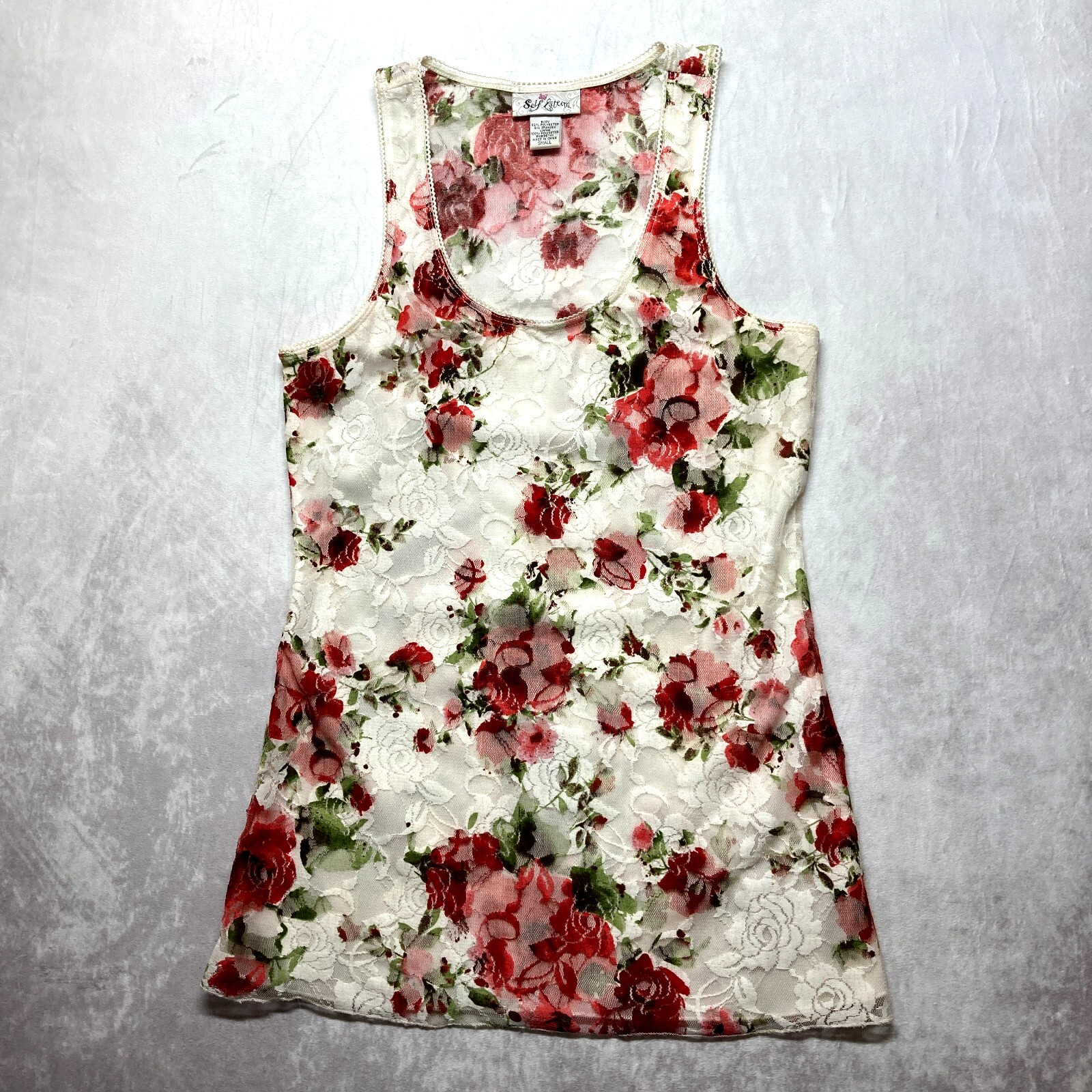 Self Esteem Tank Top Y2K Size Small Floral Lace Overlay Long