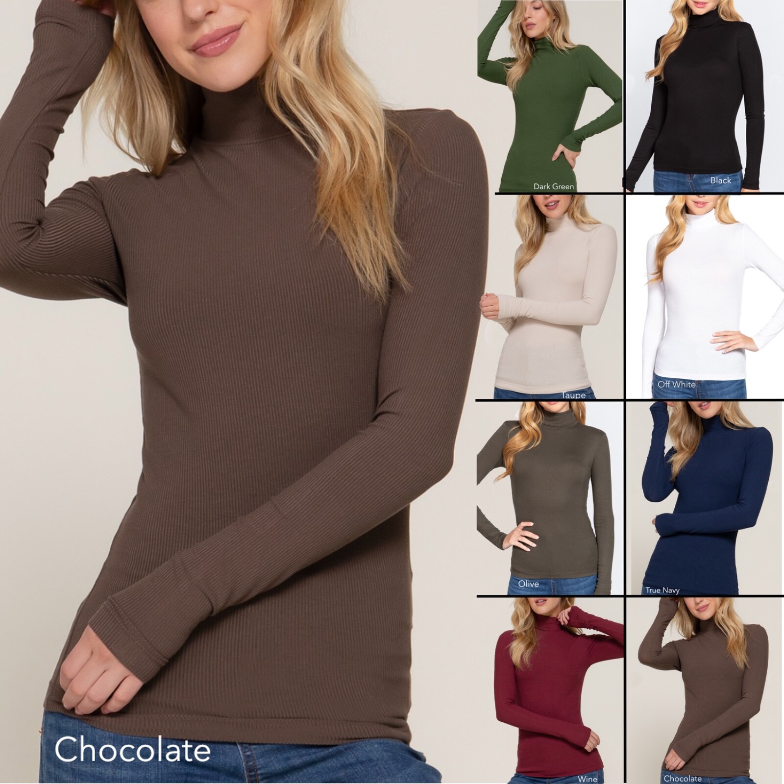Active Basic 13174 Rayon Ribbed Knit Turtleneck Long Sleeves Form Fit Stretchy