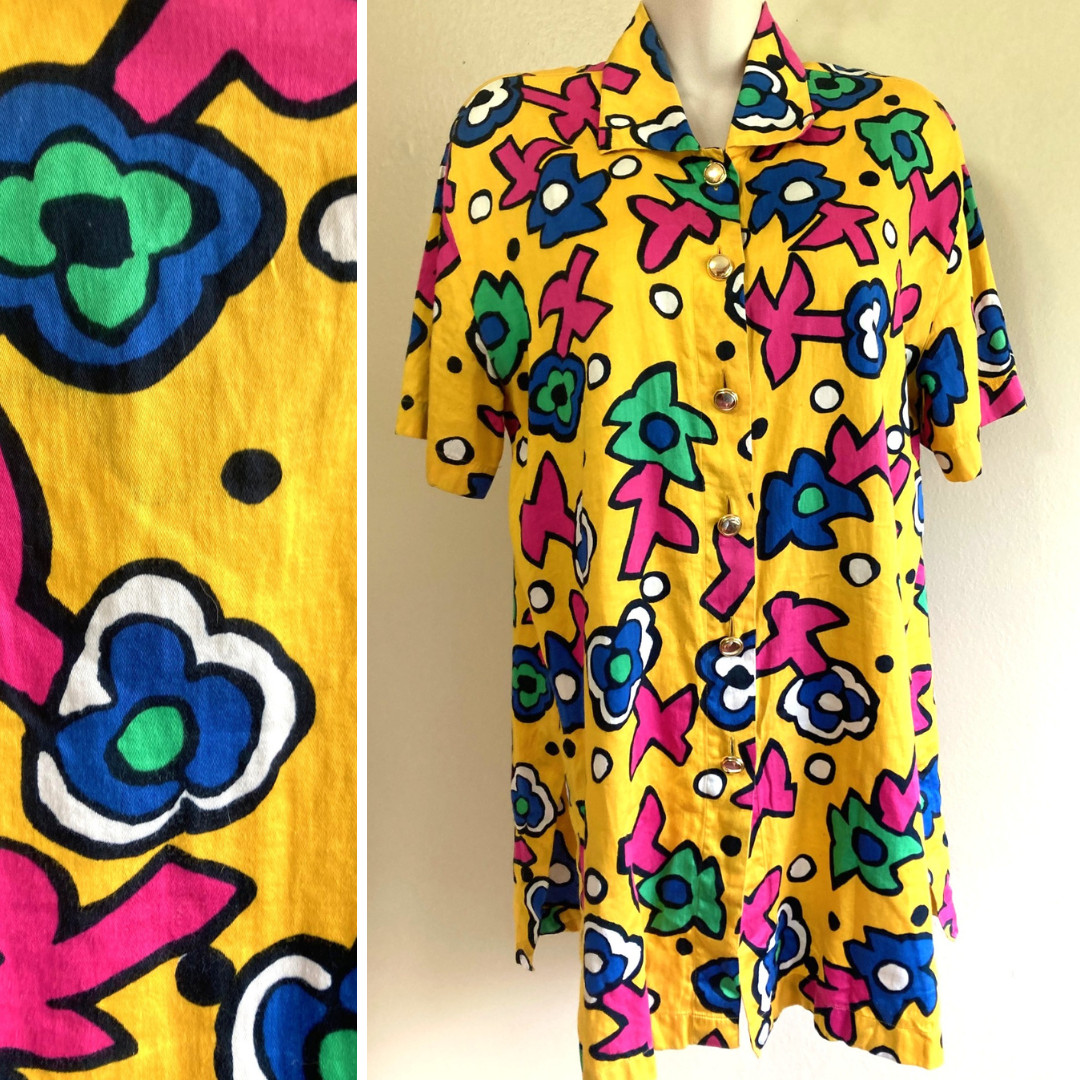 Escada Vintage 80s Shirt 38 M Yellow SS Cotton Button Up Haring Inspired Art Hoe