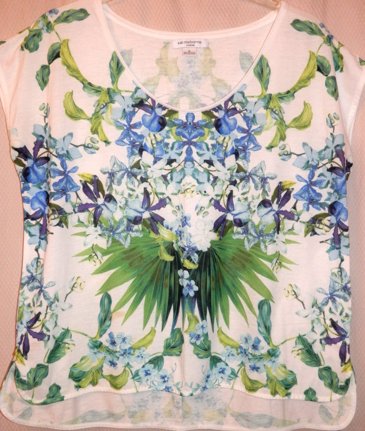 Liz Claiborne Sleeveless Cotton Knit Top sz. 1X White/Blue.Green Tropical Print