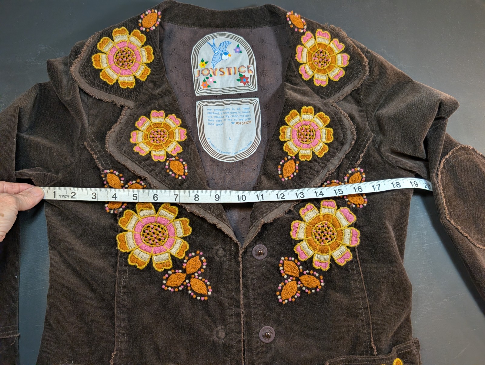Johnny Was Joystick Large Embroidered Sunflower Corderoy Jacket Lined