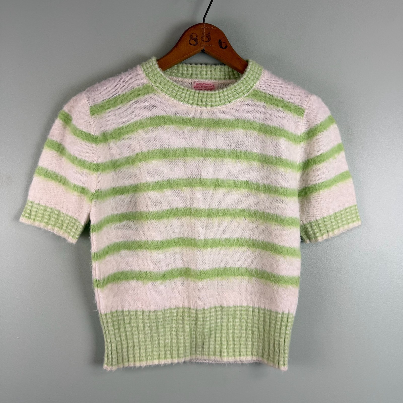 Vintage Super Acrylic Knit Shirt Top Womens MED Short Sleeve Green Striped USA