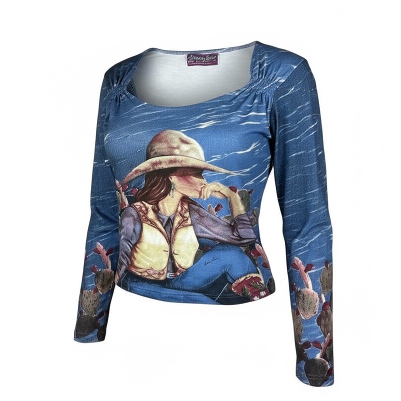 Doreman Burns Cowgirls Western Graphic Top XL Desert Cactus Rodeo Shirt Trendy