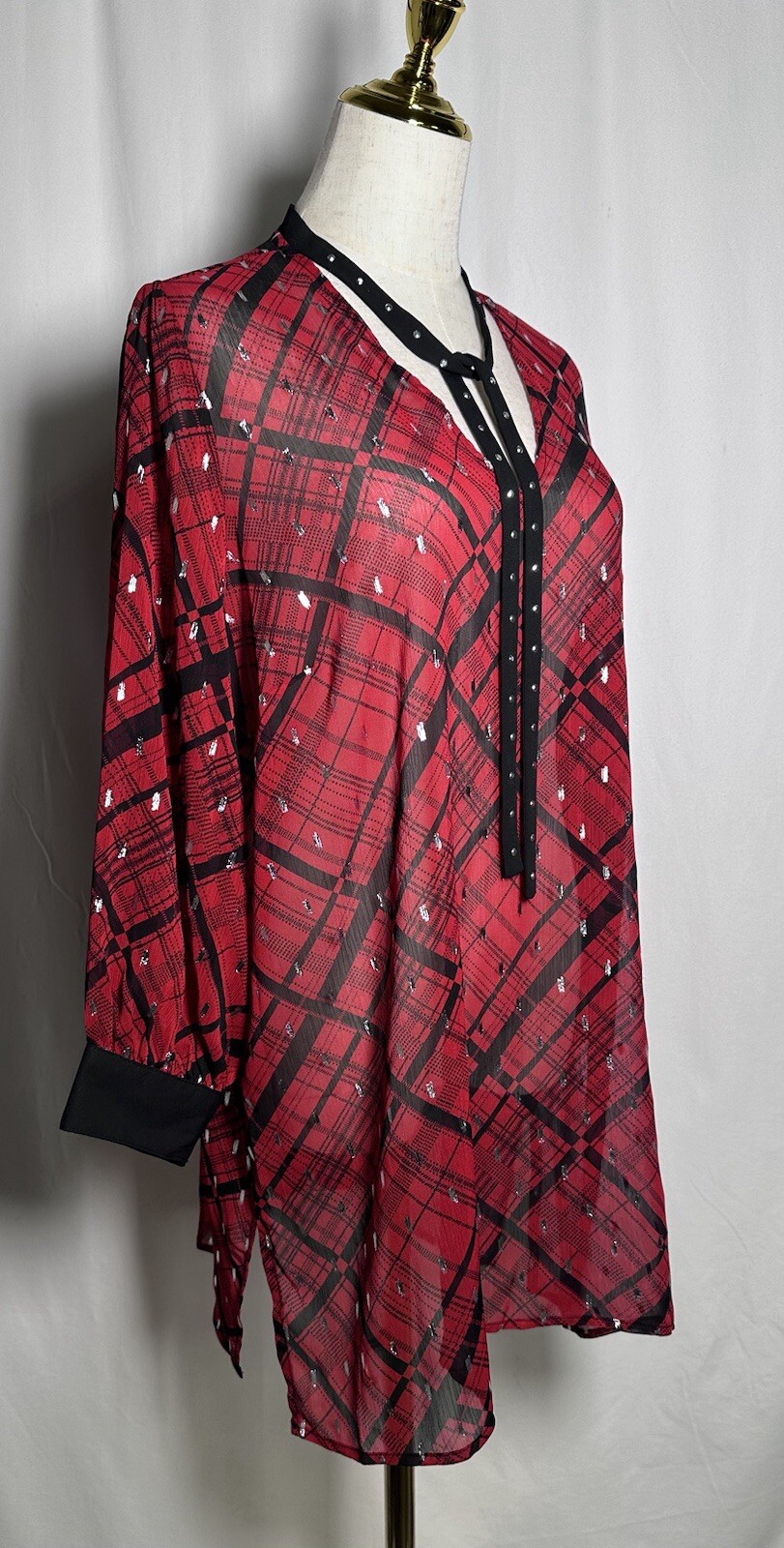 Slim Factor Investments Tunic Top Shirt Blouse Large Chiffon 3/4 Sleeve Red $69