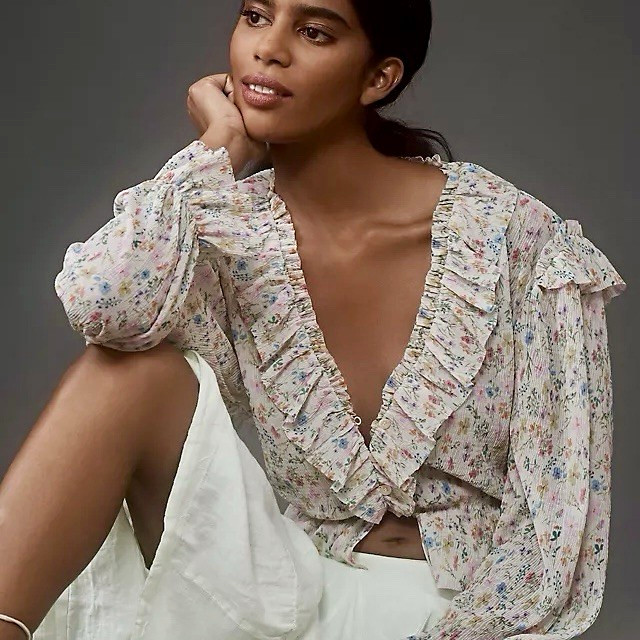 Anthropologie Womens Floral Mesh Ruffle Smocked V-Neck Puff Blouse L Boho Pretty