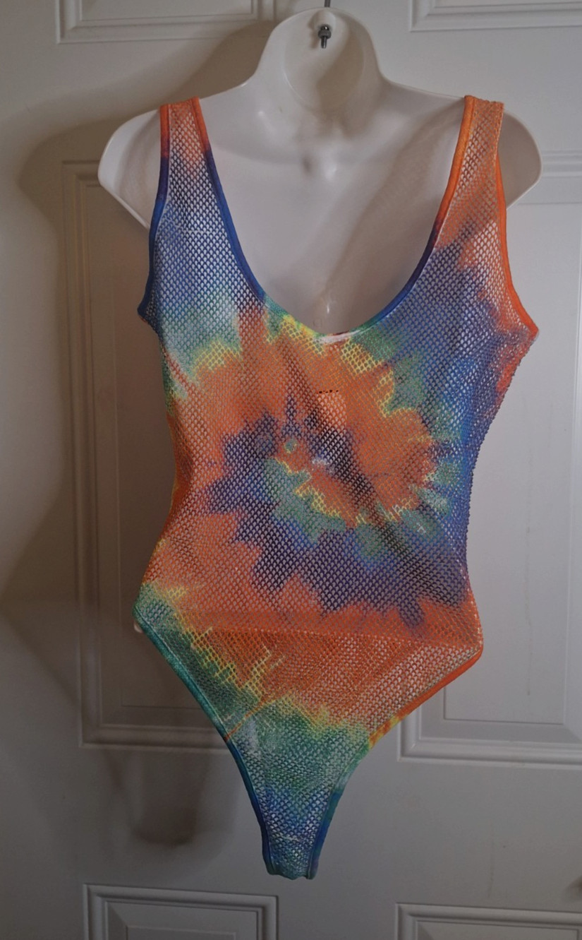 Madrag Tie Dye Fishnet Bodysuit Vibrant Colors French Cut Size MED NWT