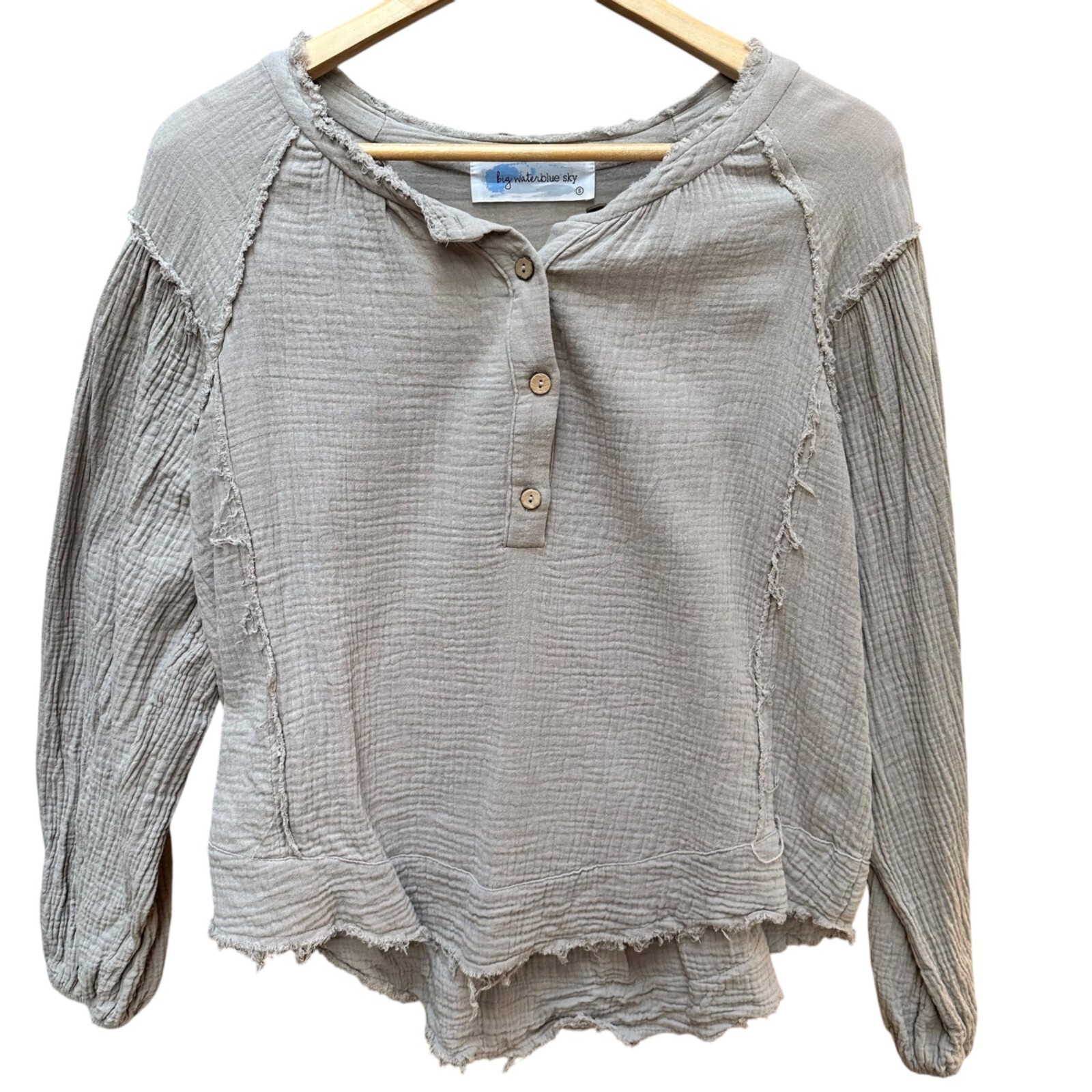 Big Water Blue Sky Top Textured Distressed Cotton Boho Lagenlook Long Sleeve SM