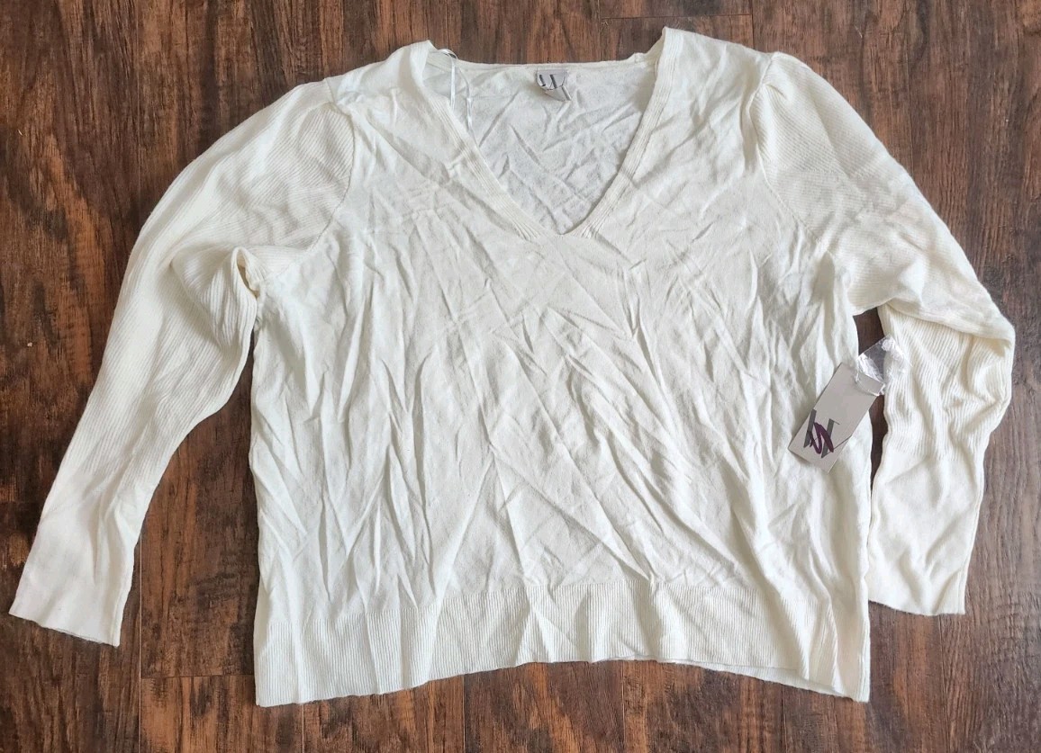 Worthington Women’s Knit Sweater Long Sleeve, V Neck Whisper White, Plus Sz 2X