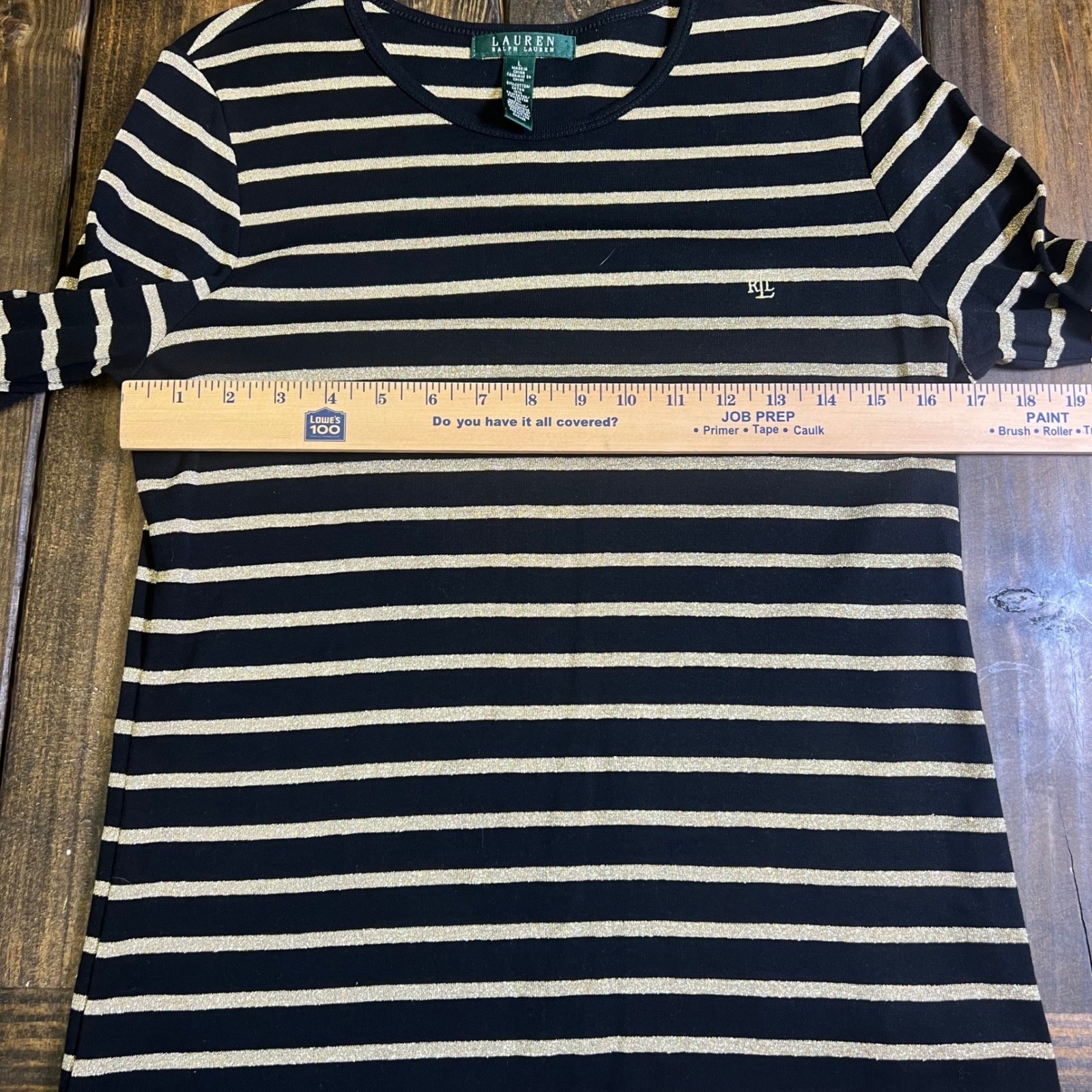 Lauren Ralph Lauren womens Black Gold Metallic Striped Long Sleeve Top Large