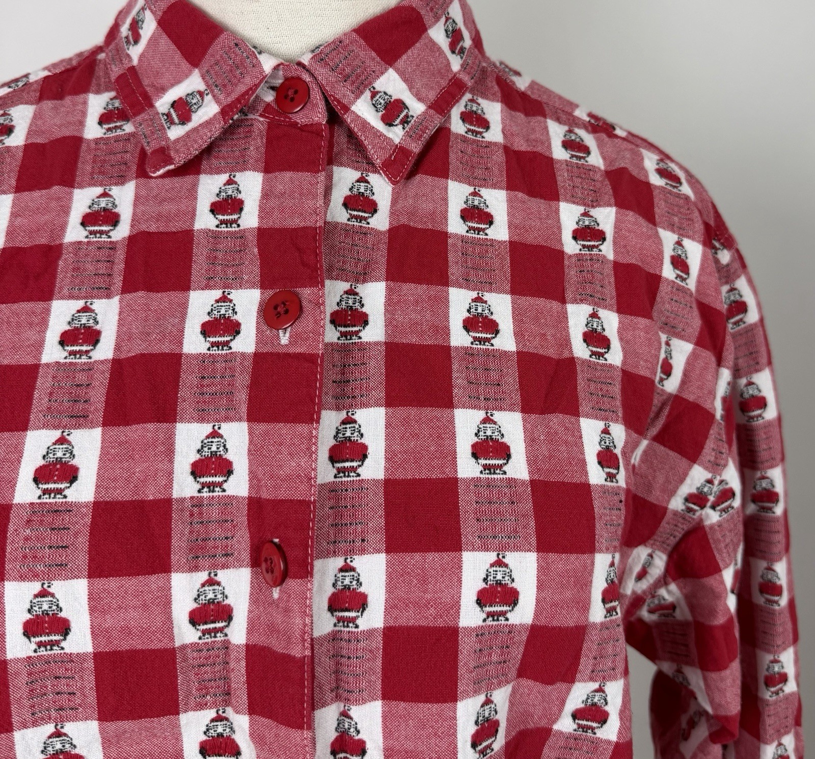 Vintage Christmas Shirt Womens Medium Holiday Santa Claus Red Gingham Plaid 90s