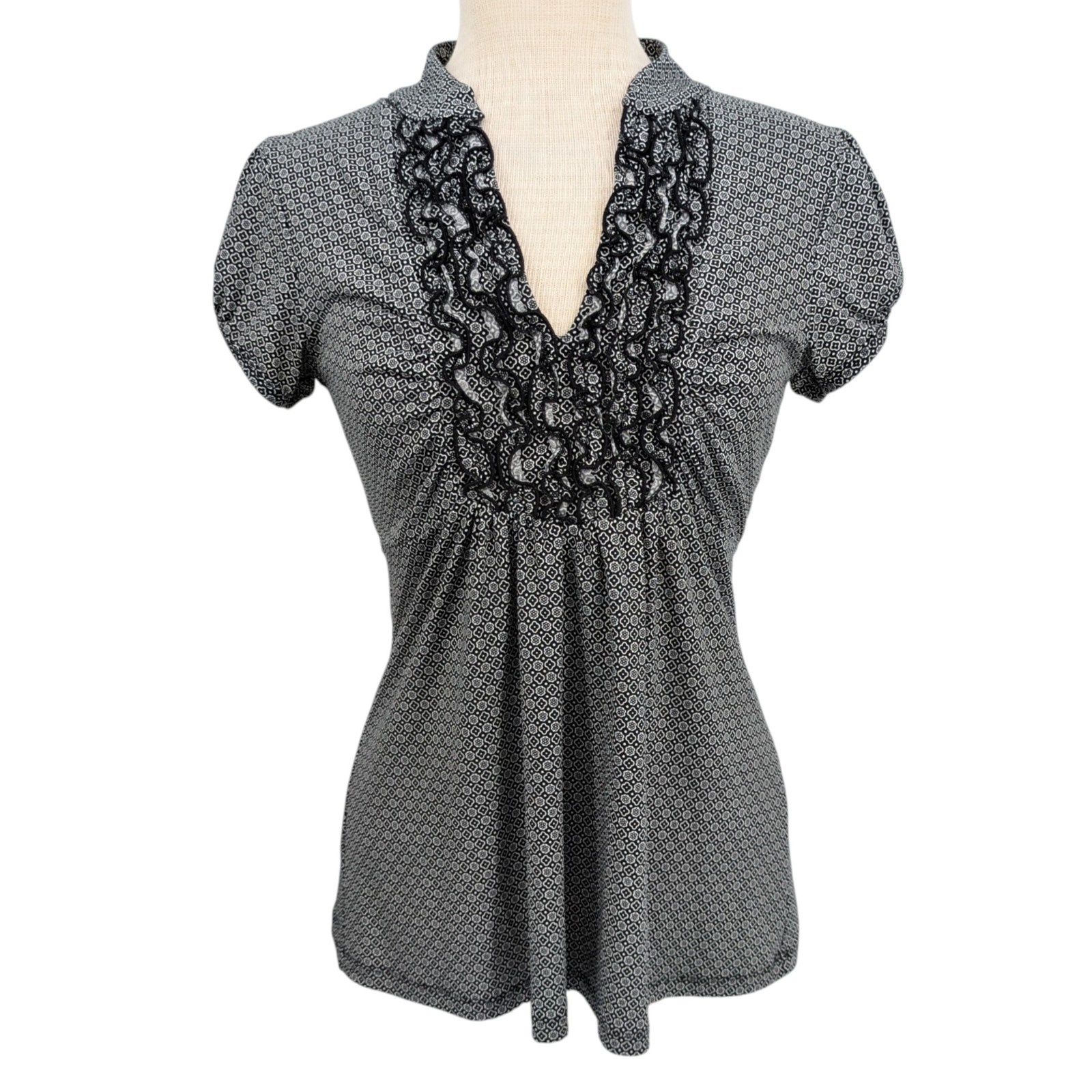 Heart Soul Y2K Black Floral Dot Ruffle Babydoll Top XL Fairy Grunge Coquette Tie