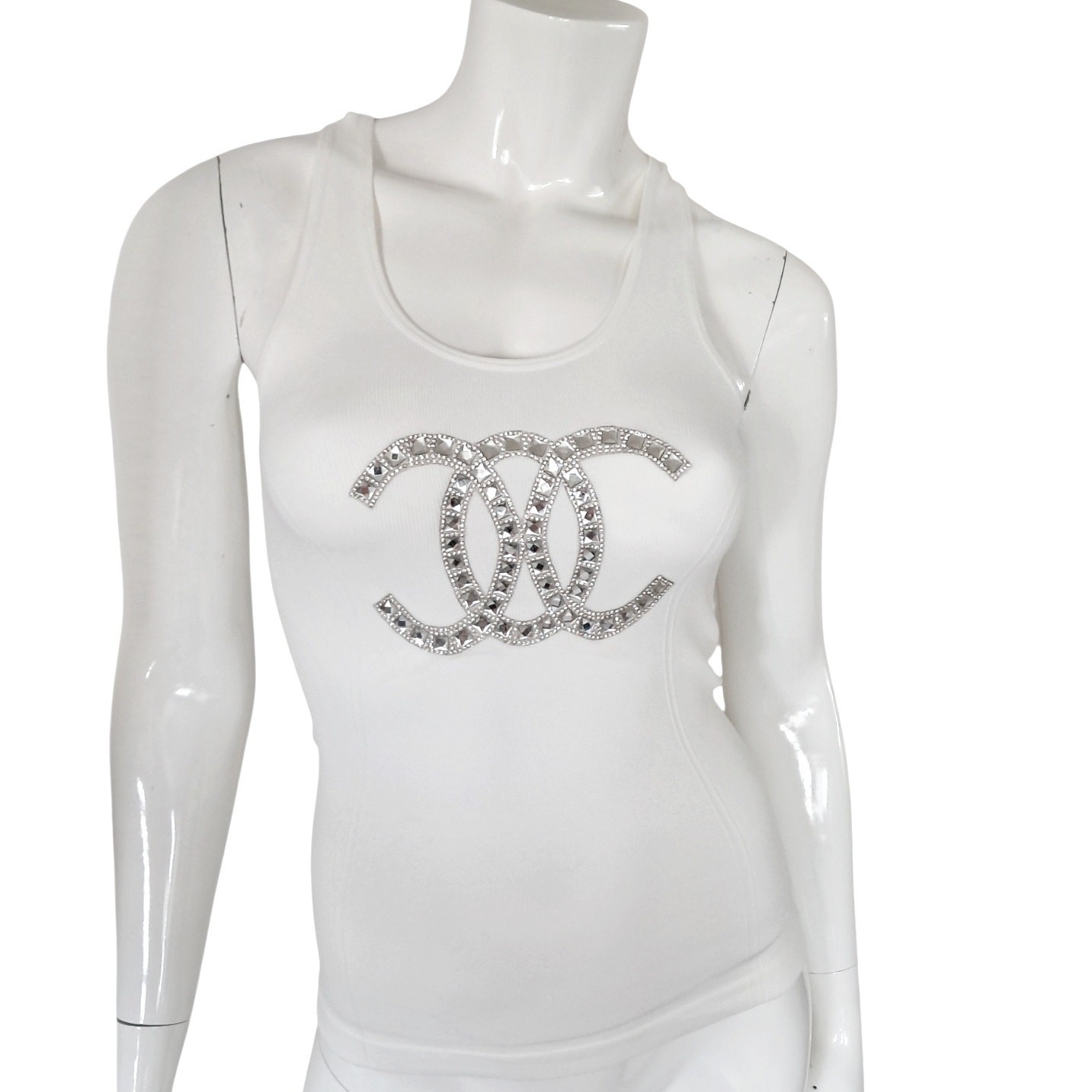 Bodycon White Knit Tank Top Size S Mirrored Embellishment Stretchy Summer