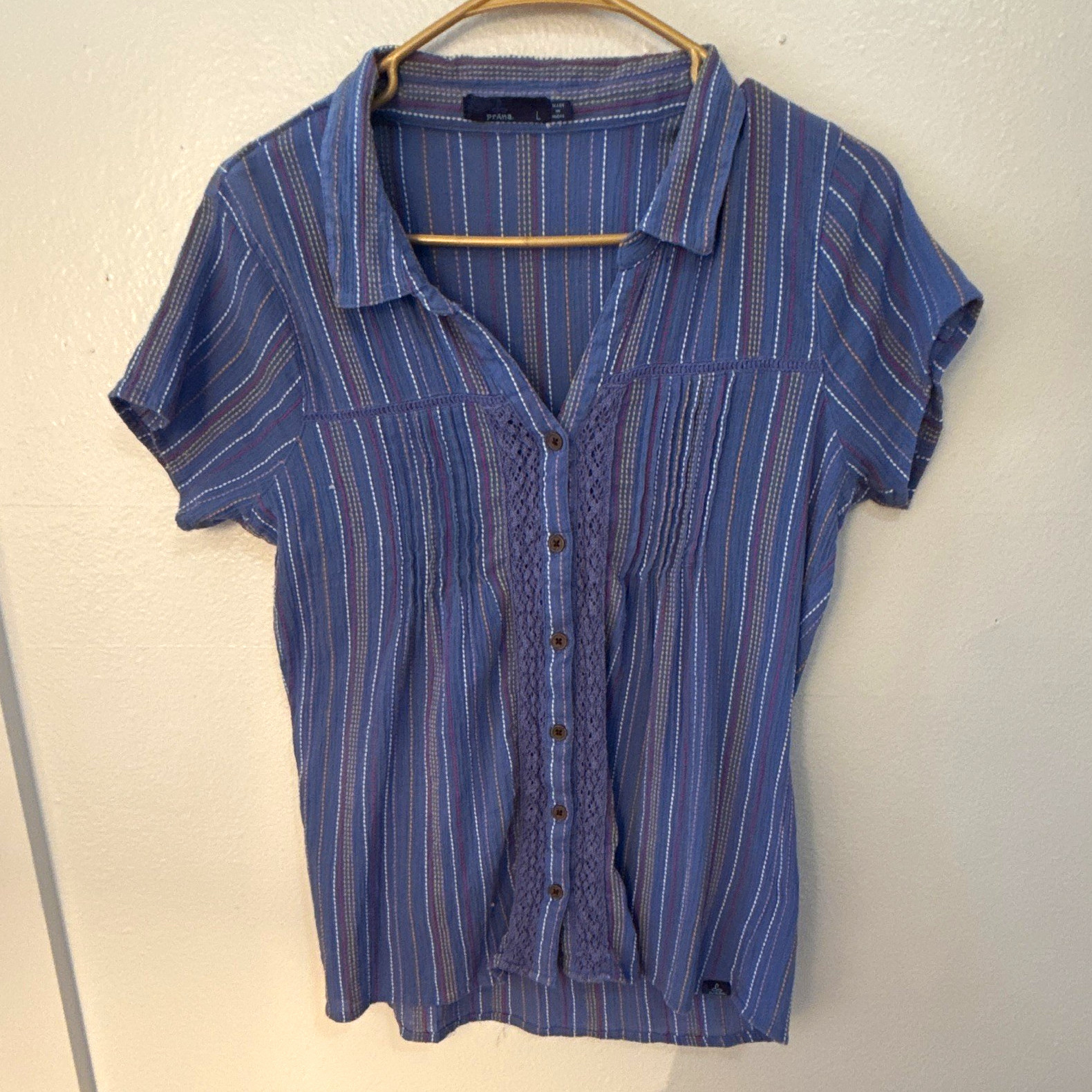 prAna Women’s L Blue Striped Woven Cotton Collared Cap Sleeve Button-Up Top