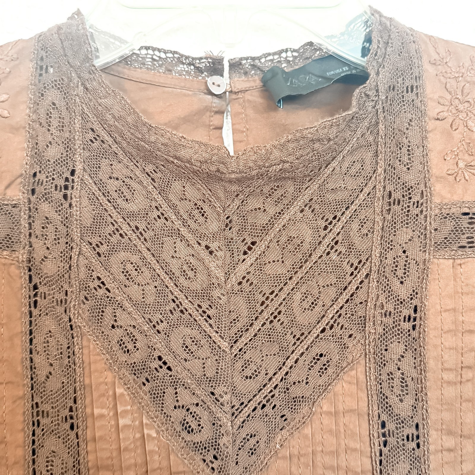 Zara ZW Collection Pleated Lace Blouse Women’s XS Brown Romantic Prairie