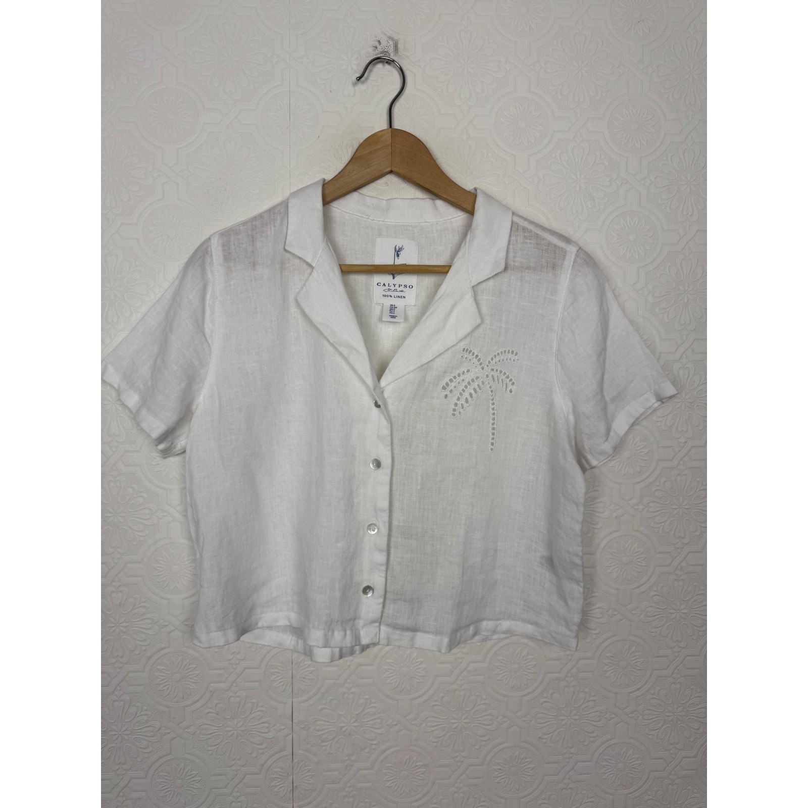 Calypso St Barth White 100% Linen Palm Tree Eyelet Button Down Shirt Small