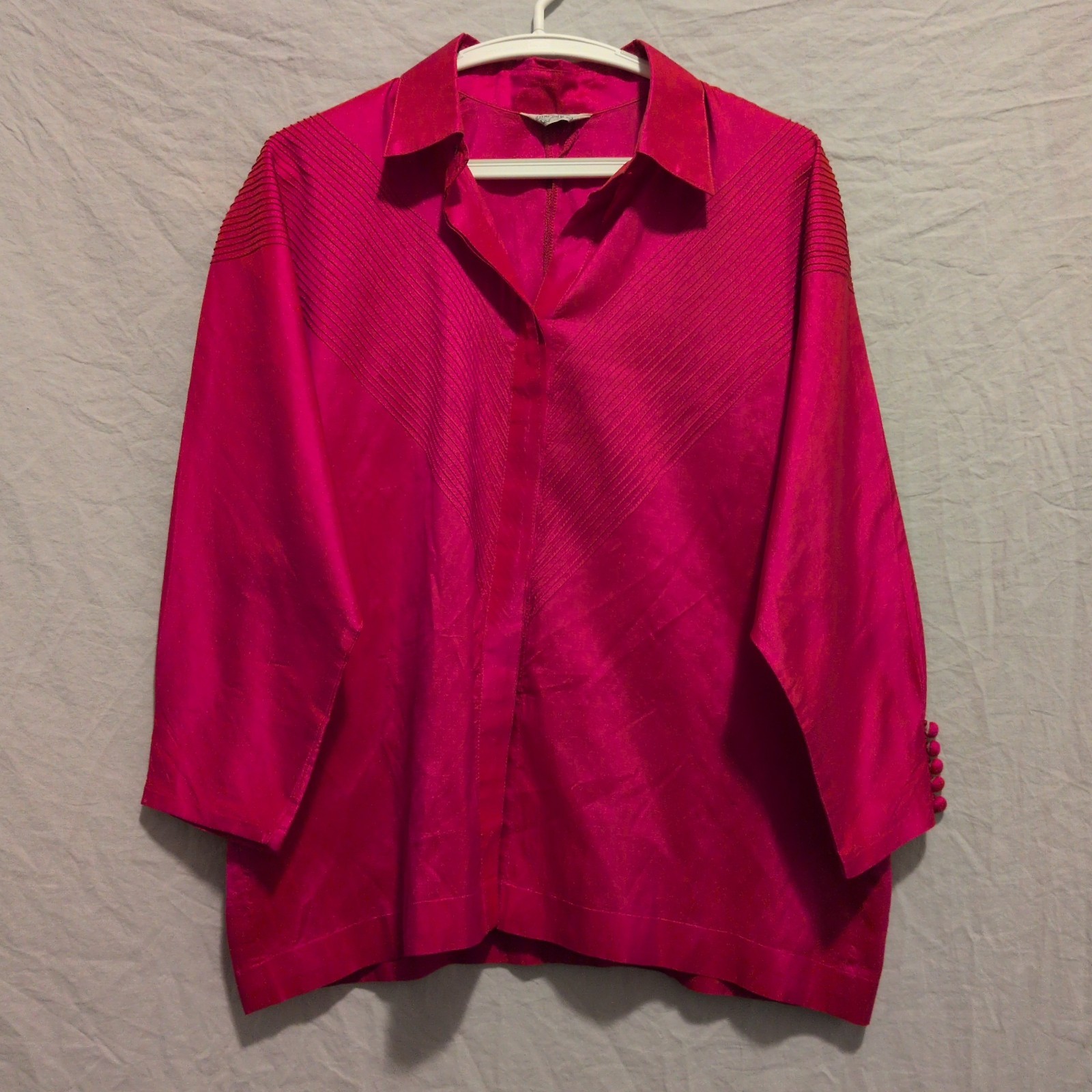 Thai Silk Blouse Size XL Fuschia Decorative Stitching Covered Buttons W/loop