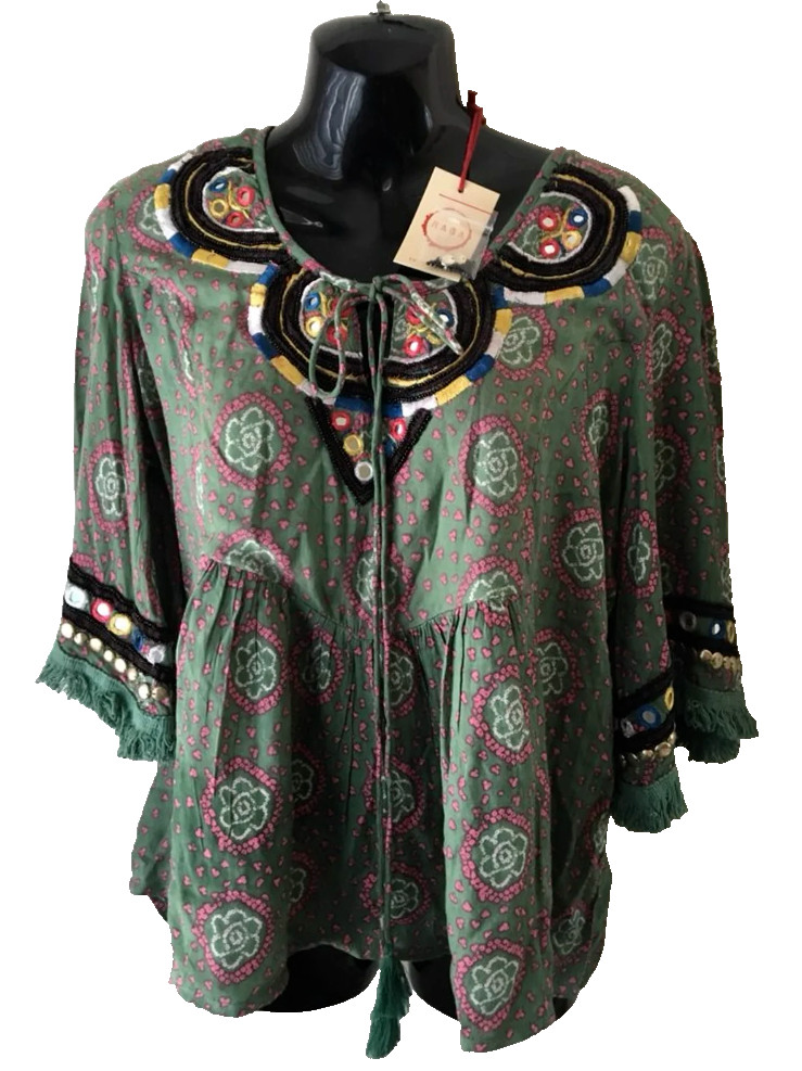 NWT S Raga Boho Blouse Shirt Top Womens Small GREEN FLARE Sleeve R2559 festival