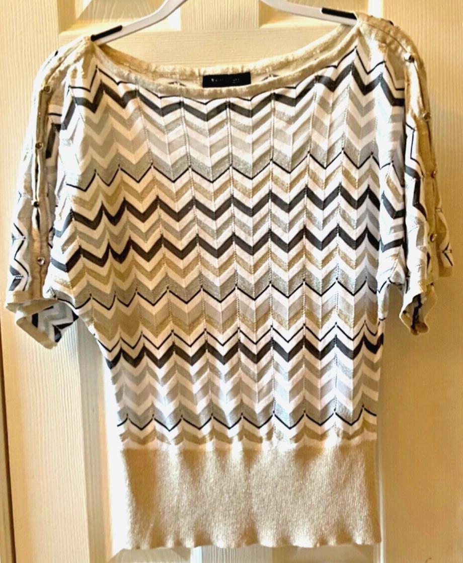 WHITE HOUSE BLACK MARKET Women Knit Top Sz S Silver Gold Metallic Gray Zig Zag