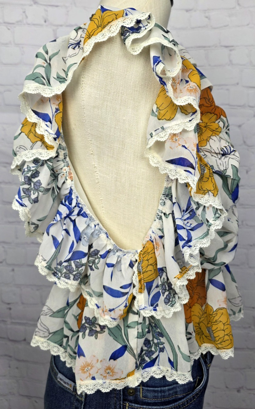 Bae Vely Blouse Floral Lace Ruffles Back Tie Fairy Boho Coquette Cottagecore S