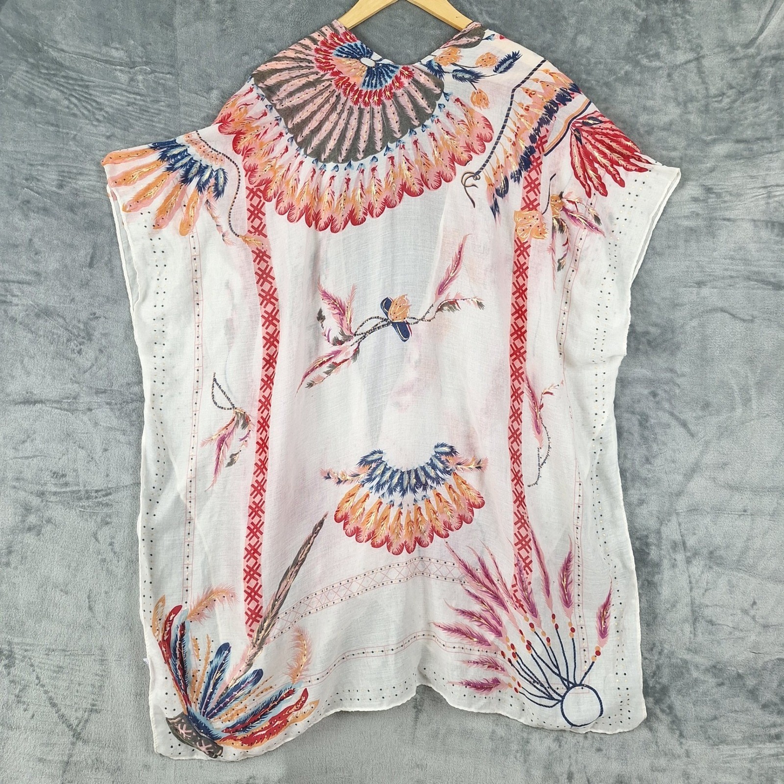 Womens Kimono M/L White Boho Duster Floral Whimsical Coastal Festival Open Front