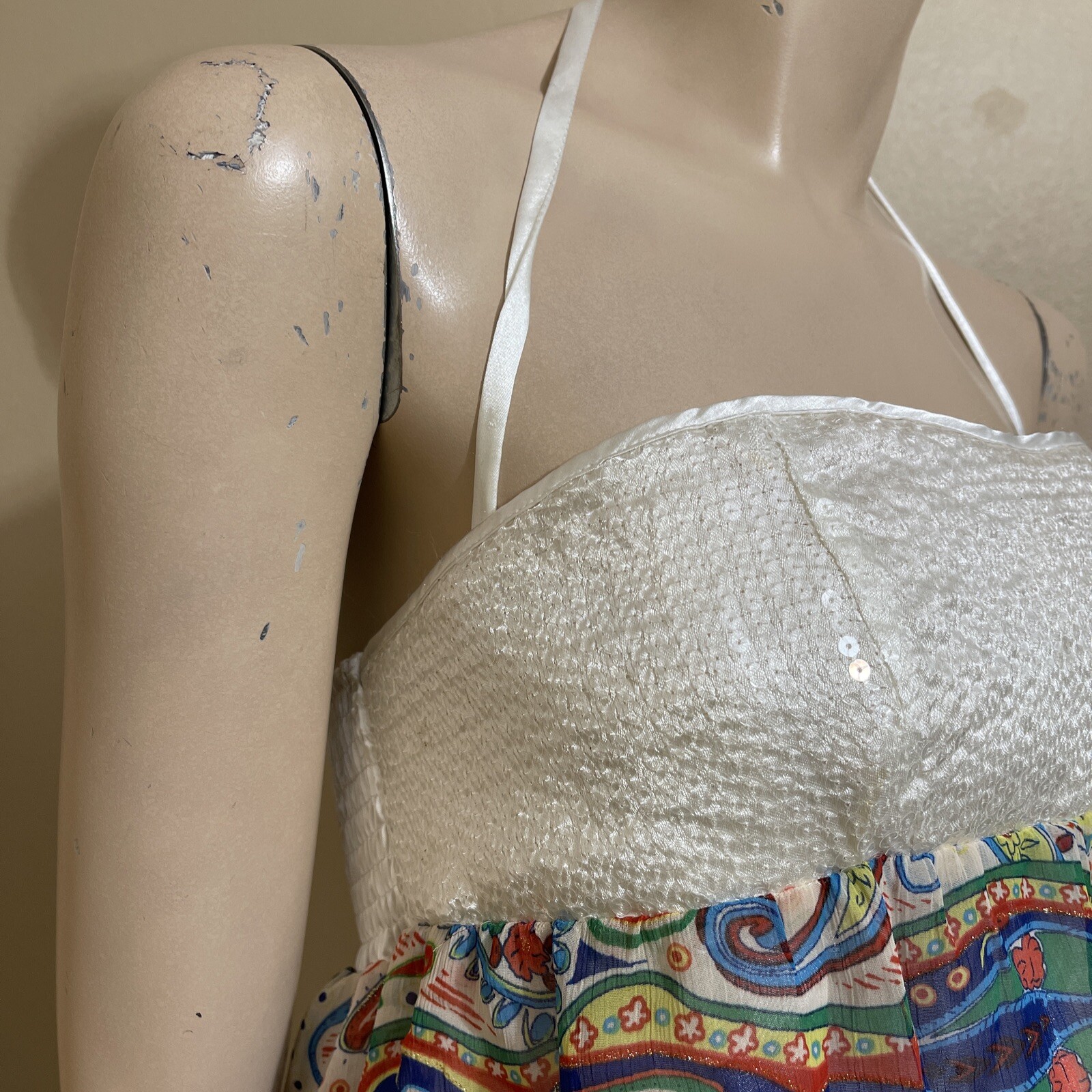 Women’s White Floral Polyester Casual Stretch Layered Beaded Size L Blouse Top