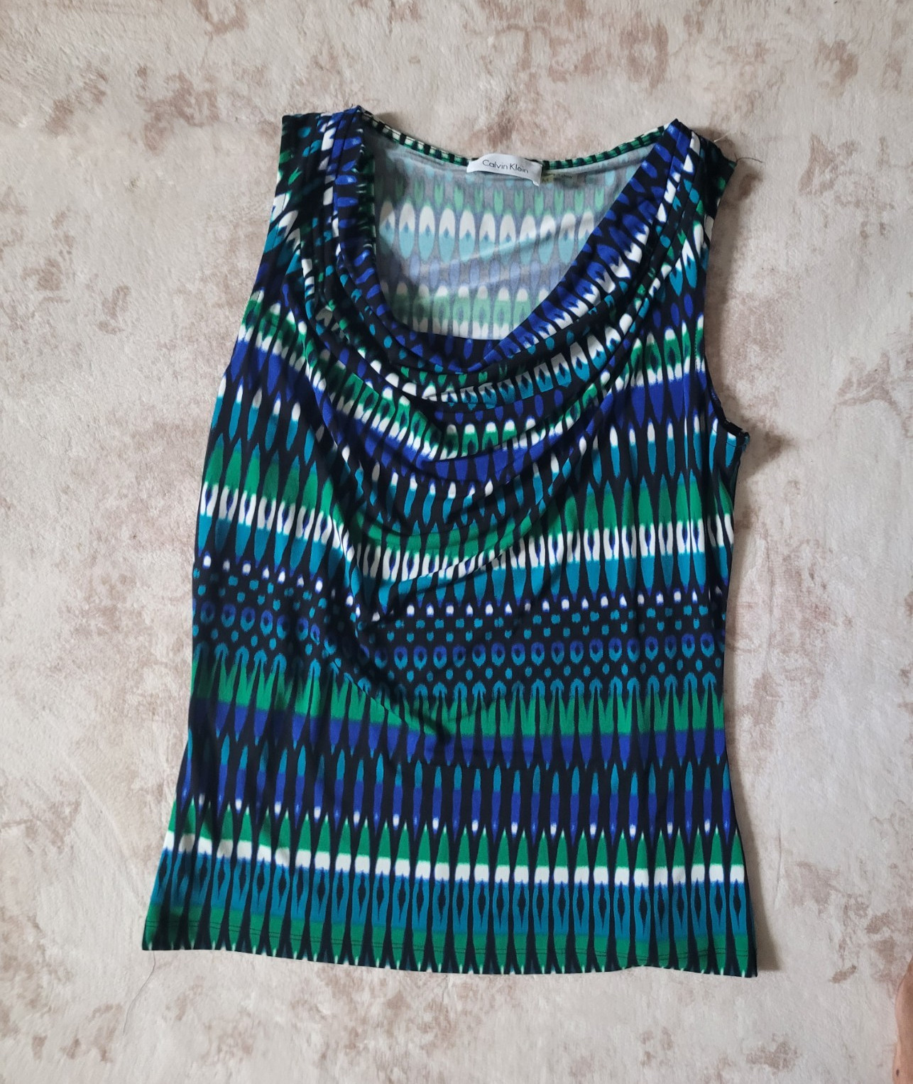 Calvin Klein Women Geometric Cowl Neck Sleeveless Tank Top Blue Green Size M