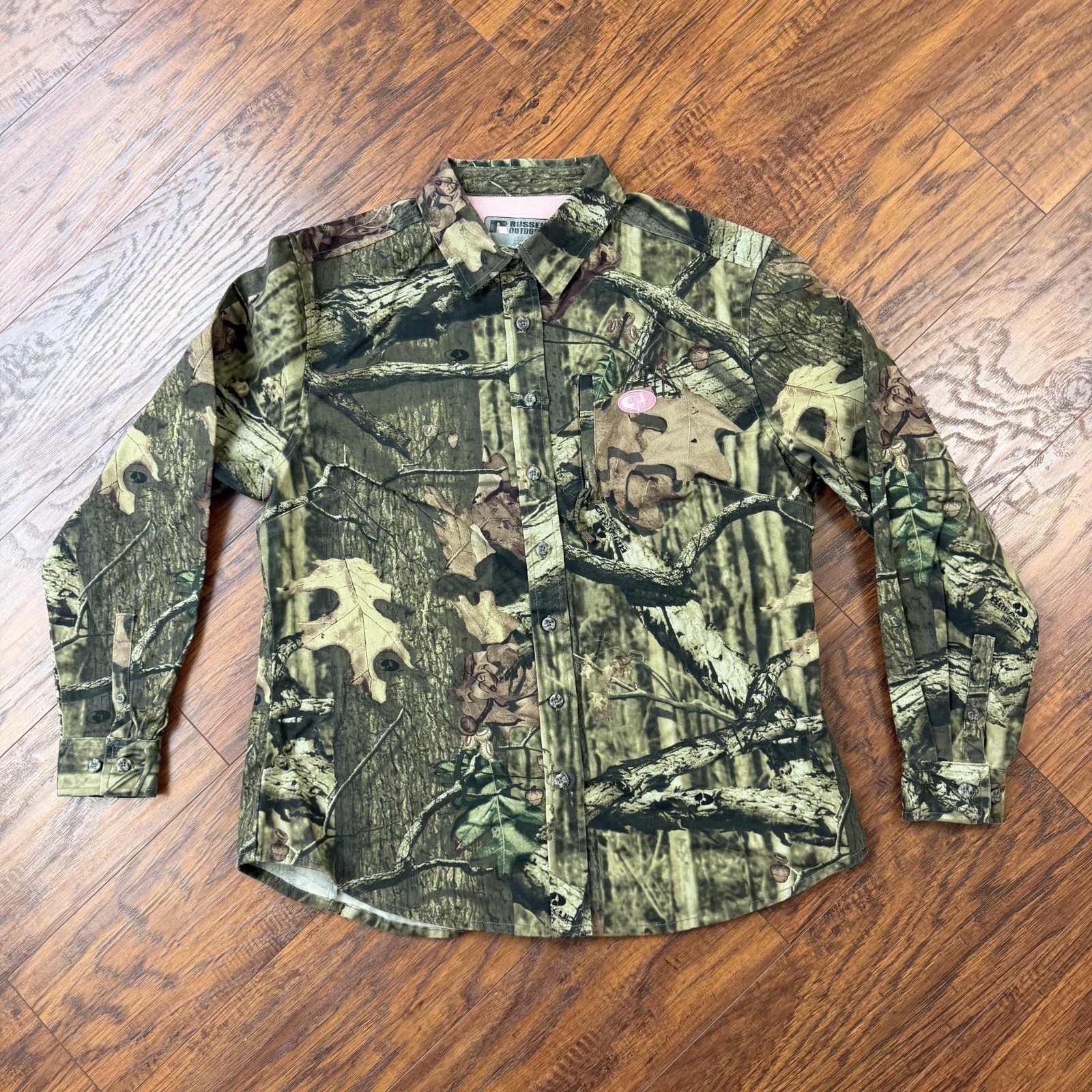 Russell Outdoors Shirt Women L Green Camo Breakup Infinity Button Up Hunting