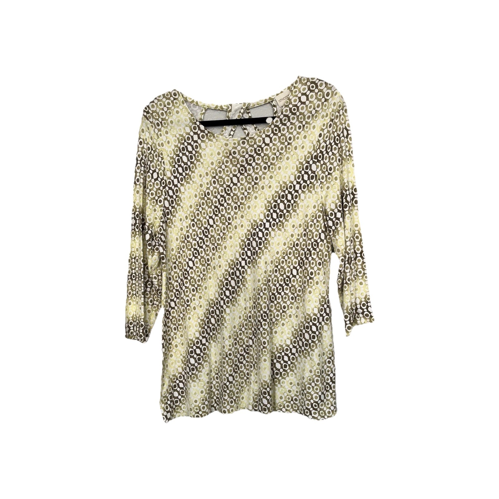 Chico’s Women’s Size 2 Top Cutouts On Back 3/4 Sleeve Geometric Spring Green