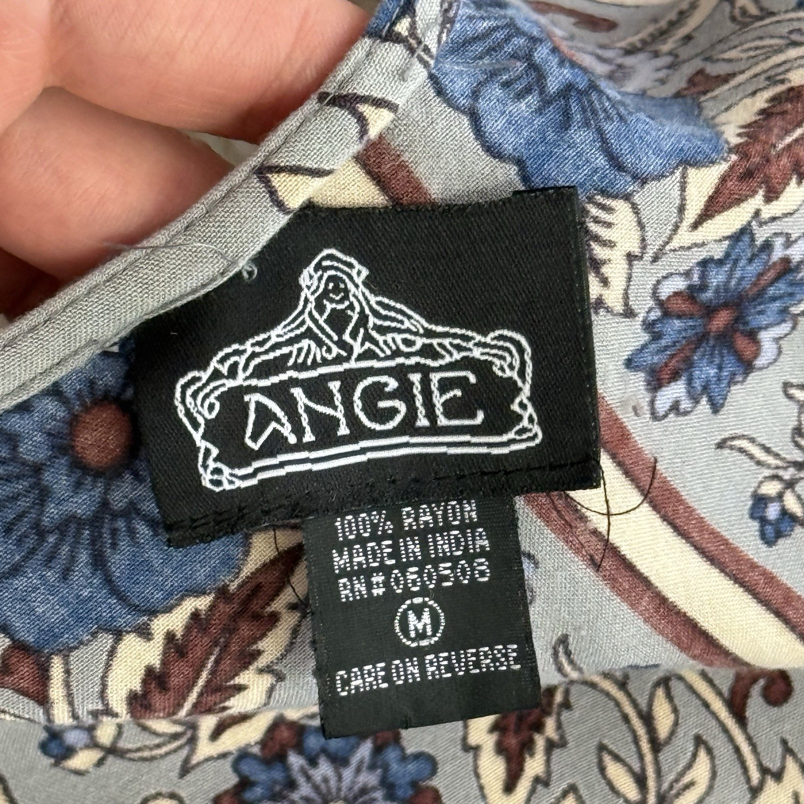 Angie Boho Floral open front Kimono Cardigan M Blue Cream Paisley Duster Wrap