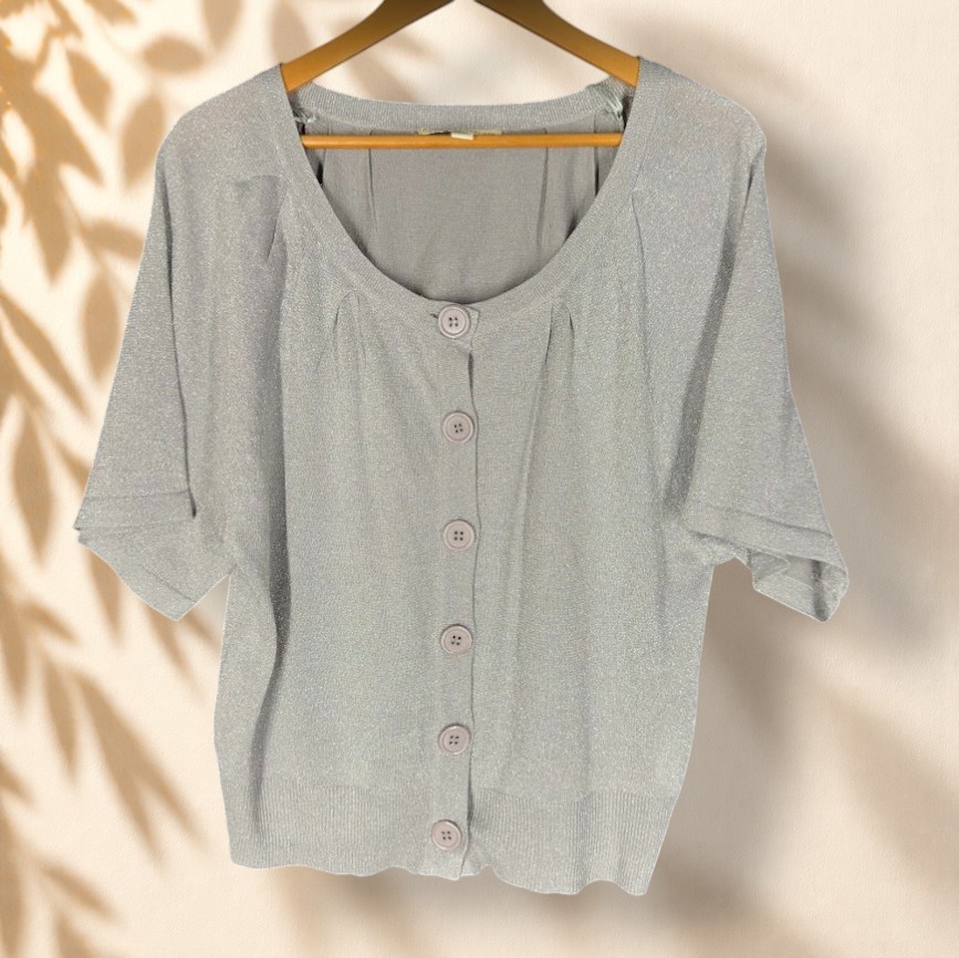Carolyn Taylor Button Up Knit Top Women XL Gray Short Sleeve Round Neck Acrylic