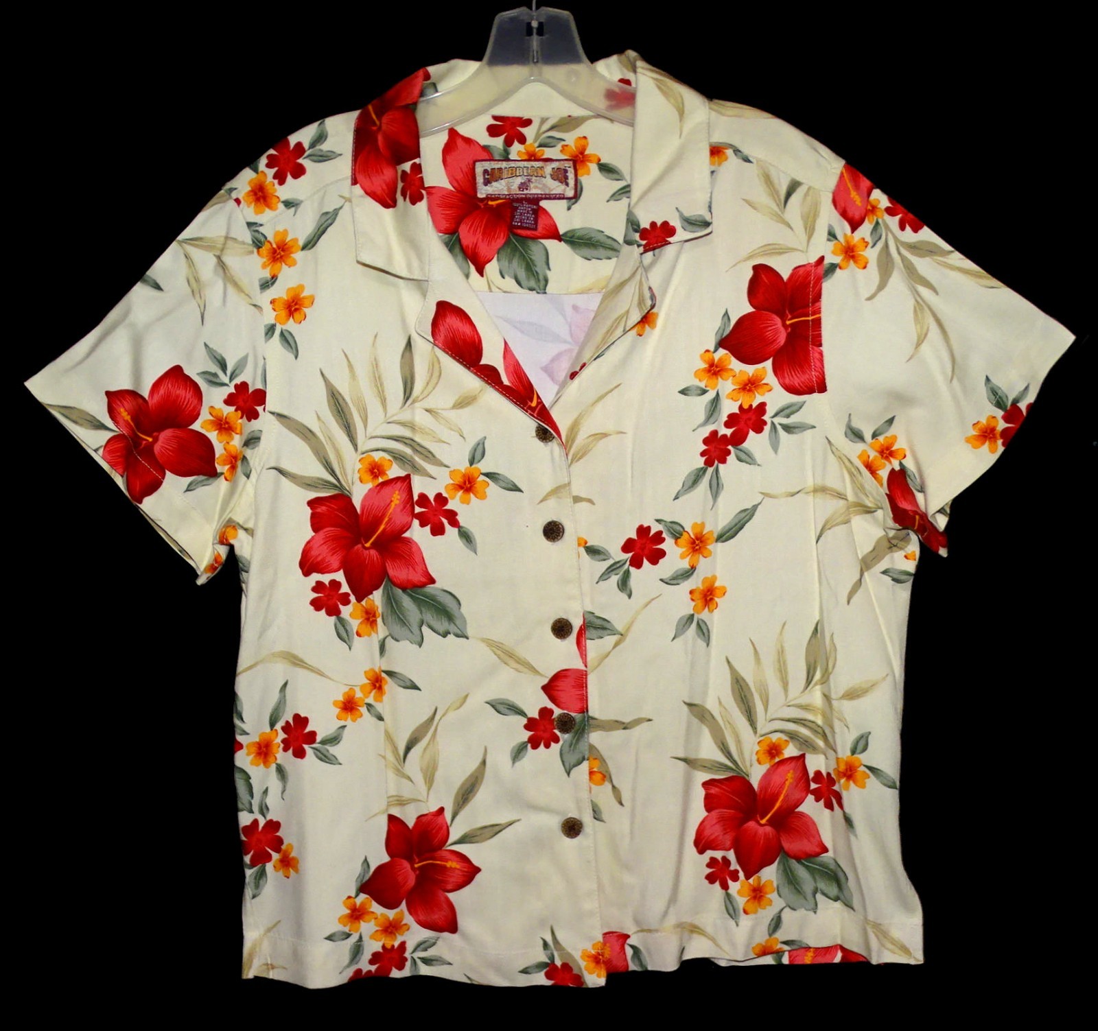 Sz L Women’s Caribbean Joe Hawaiian Aloha Shirt Lite Yellow/Pink Floral Rayon